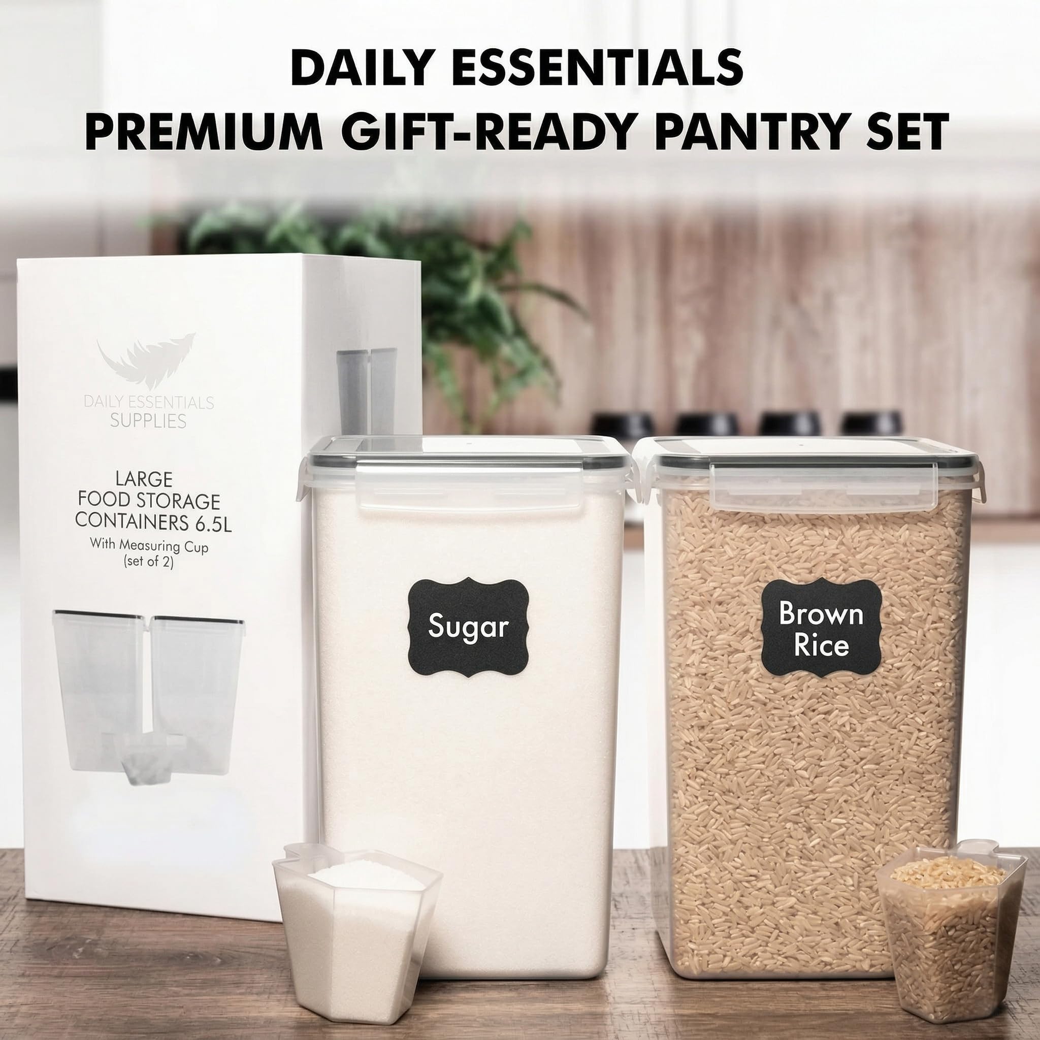 WHITE FEATHER SUPPLIES 2 PC [7 Qt / 6.5L / 220 Oz] Large Food Storage Containers with Lids Airtight - BPA Free Clear Plastic Kitchen and Pantry Storage Containers for Cereal, Flour, Sugar, Rice
