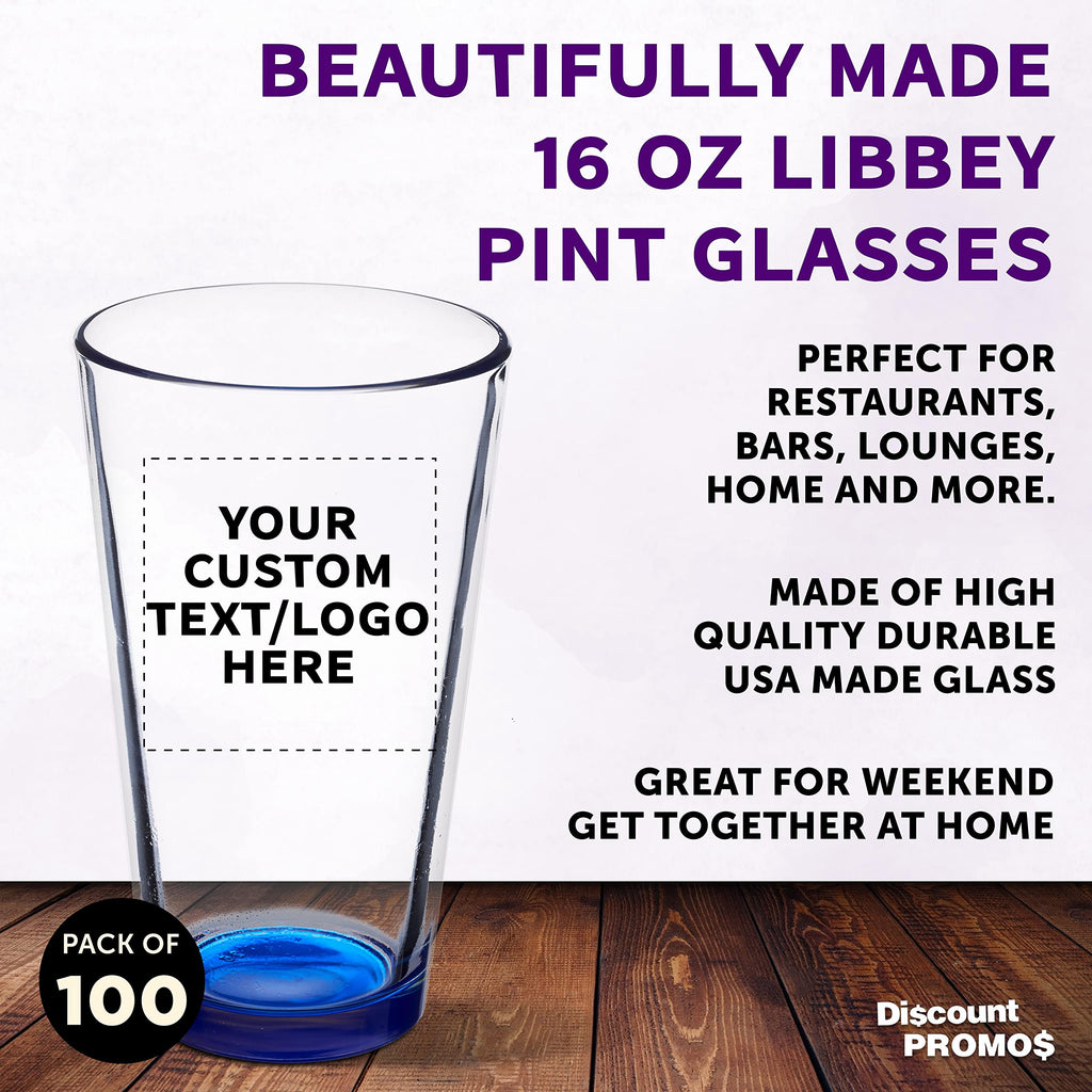 Custom Pint Glass 16 oz. Set of 100, Personalized Bulk Pack - Beer Glasses, Heavy Duty Drinkware - Blue