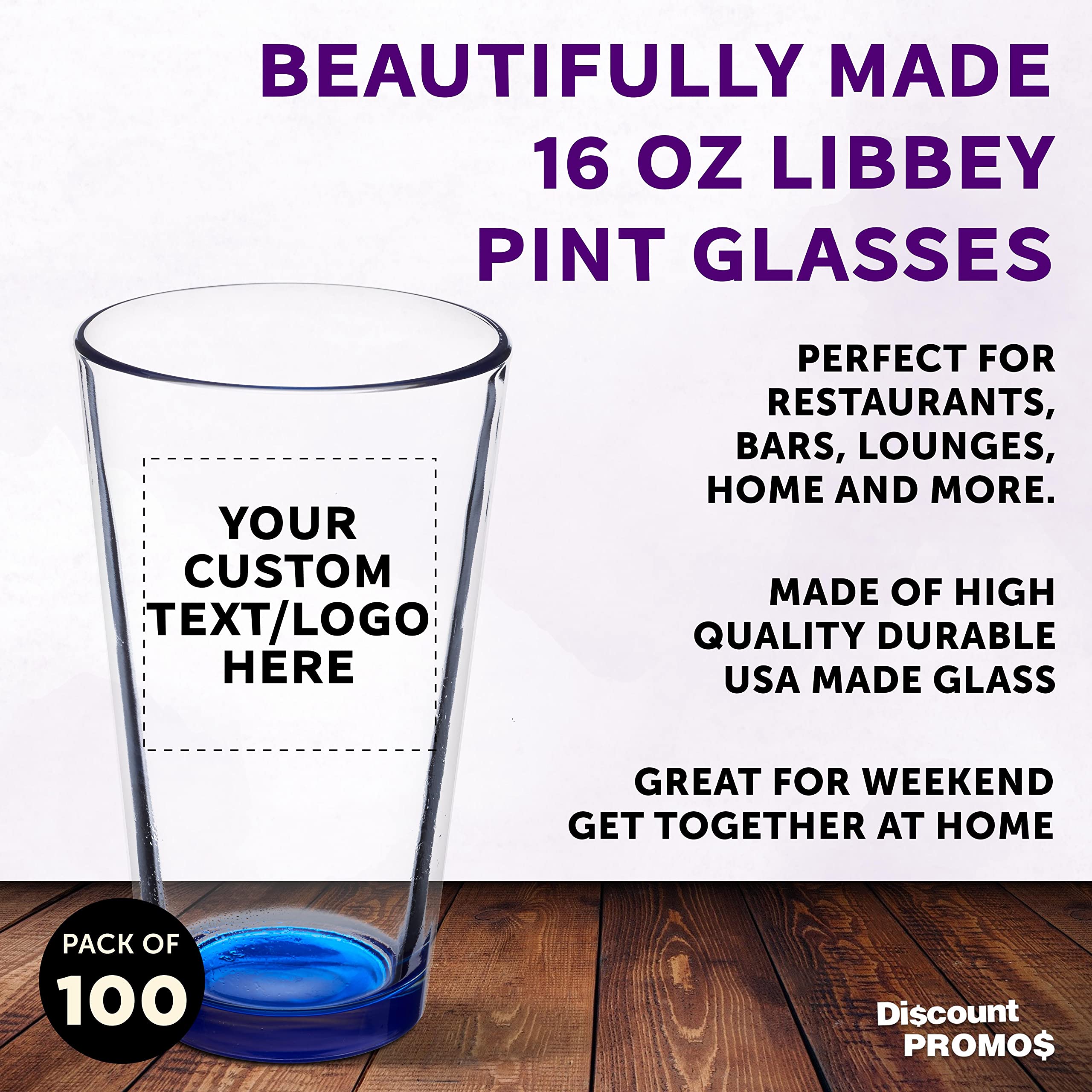 Custom Pint Glass 16 oz. Set of 100, Personalized Bulk Pack - Beer Glasses, Heavy Duty Drinkware - Blue