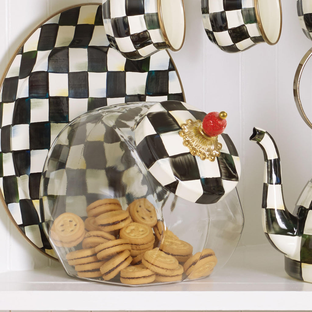 MACKENZIE-CHILDS Glass Cookie Jar with Lid, Black-and-White Courtly Check