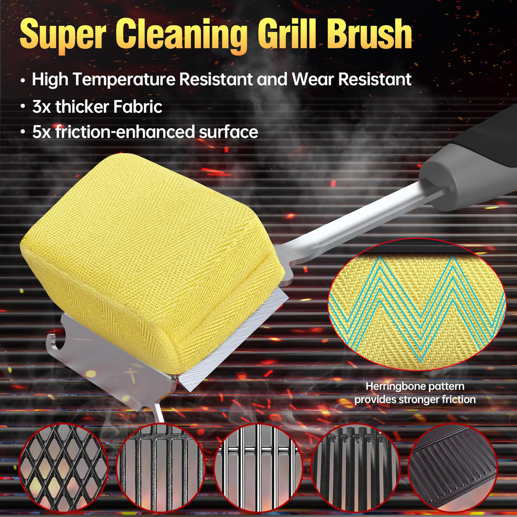 Grill Brush Bristle Free for Outdoor Grill, Steam Grill Cleaning Brush Replaceable BBQ Cleaner Brush Head,Extended Handle, Safe Grill Brush with Scraper for Cast Iron Stainless-Steel Grates,Black