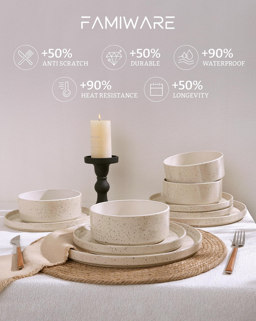Famiware Nebula 12-Piece Stoneware Dinnerware Set, Creamy White