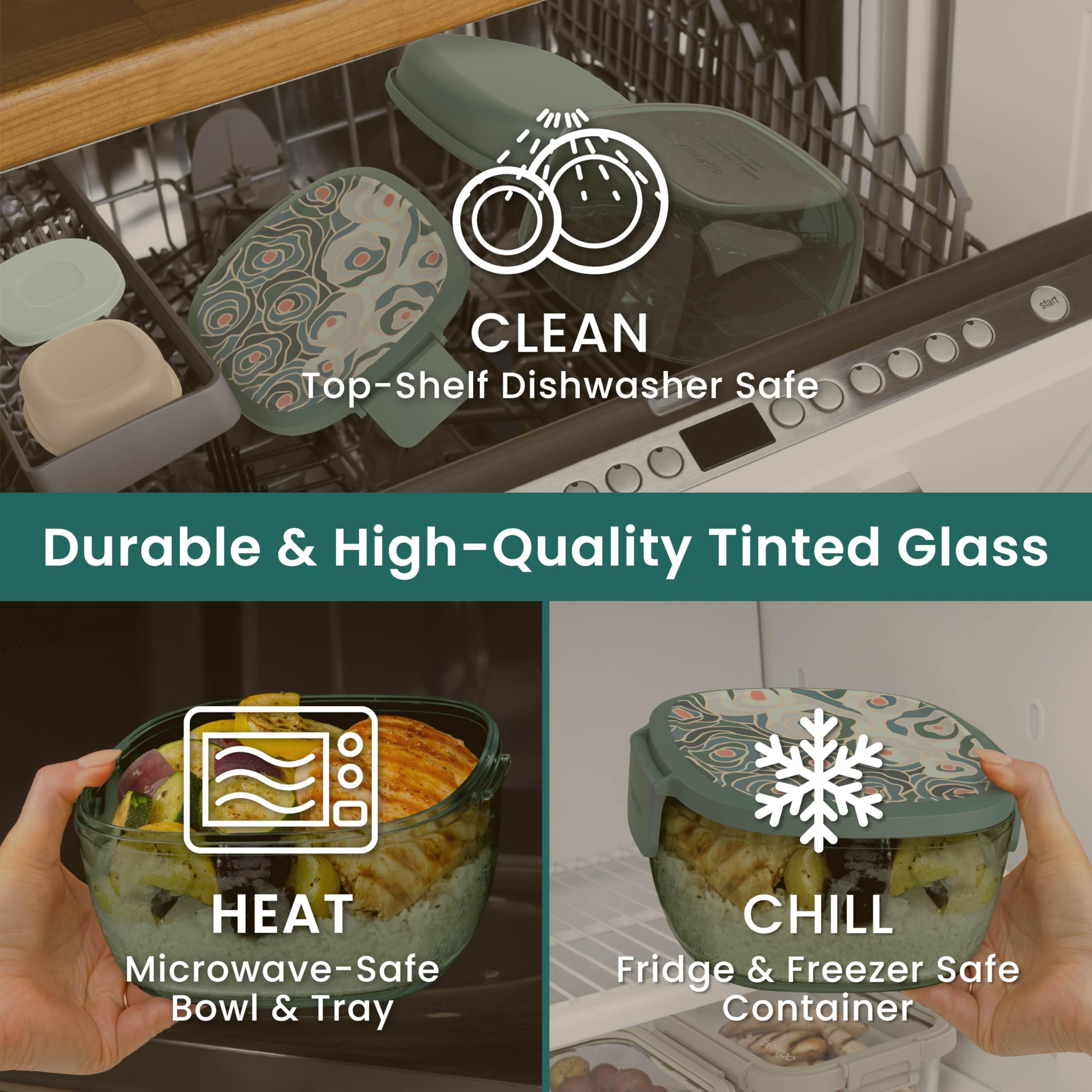 Bentgo Glass Prints Salad Container - 7.6-Cup Tinted Glass Salad Bowl with Airtight Lid, Leak-Proof Sauce Container, 4-Compartment Bento Meal Prep Tray & Reusable Fork (Floral Maximalist - Sea)
