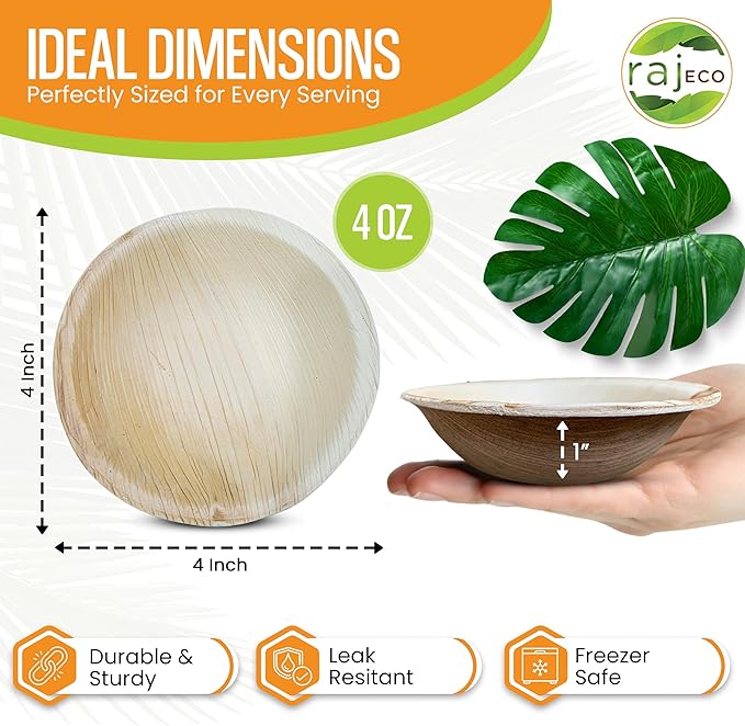Raj Palm Leaf Bulk Bowls [100-Pack] 4" Round Bowls (8 CASES - 800 PACK) like Bamboo bowls Disposable, Strong, Decorative Compostable Tableware for weddings, Camping, Outdoor