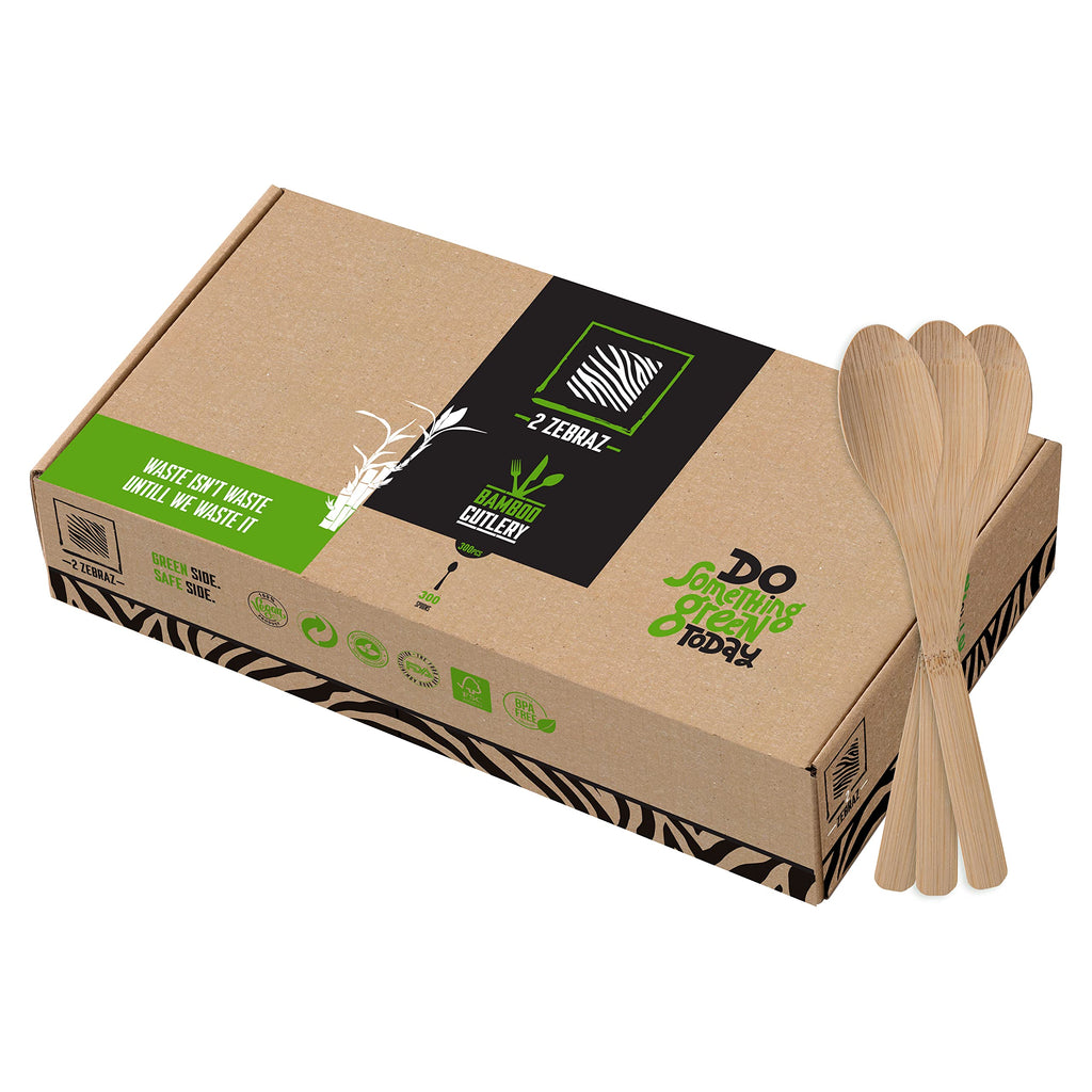 2 ZEBRAZ Bamboo Spoons 300 Count - Bulk Disposable Utensils Catering