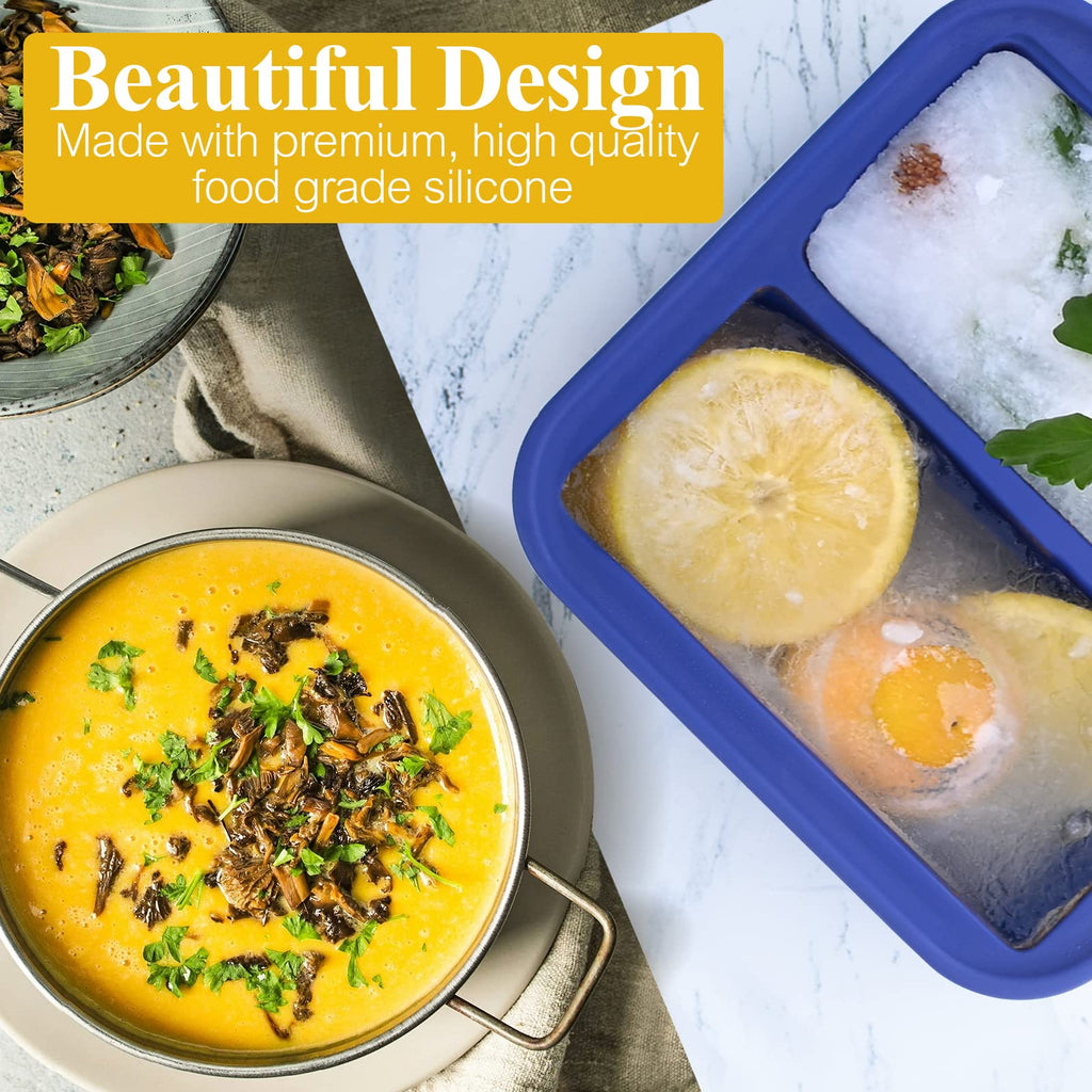 Kinggrand Kitchen 2 Cup Silicone Freezer Molds 2 Pack Silicone Freezer Tray with Lid Make 4 Perfect 2-Cup Portions - Easy Release Molds for Food Storage & Freeze Soup, Broth, Stew or Sauce