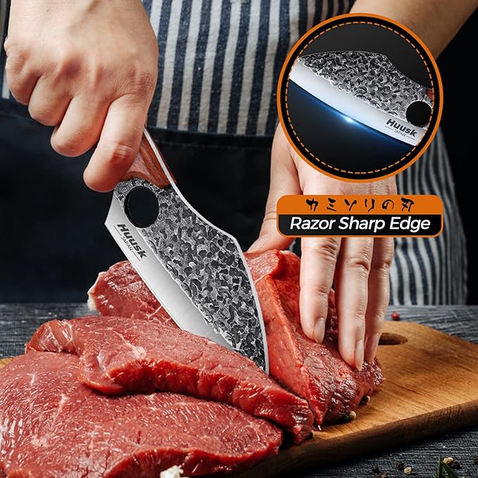 Huusk Hand Forged Meat Cleaver - Butcher Knife for Meat Cutting, Japanese Kitchen Viking Knife with Sheath, Cooking Knives for Kitchen and Outdoor Camping, Thanksgiving Christmas Gifts