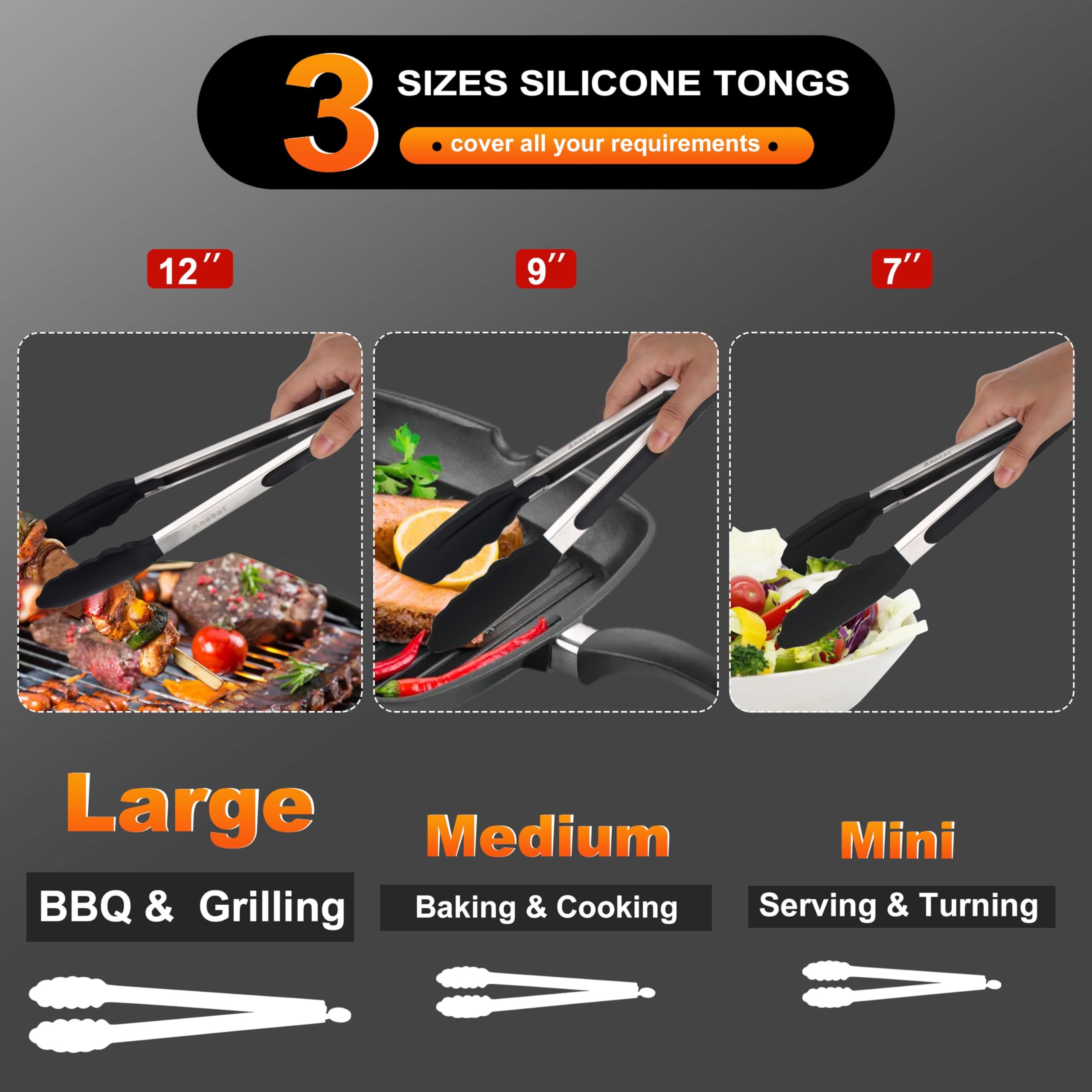 Anaeat Non-Stick Silicone Locking Tong Set of 3 - Stainless Steel 7", 9", 12" Kitchen Food Tongs with Non-Slip Silicone Tips and Grip for Cooking, Baking and BBQ - Heat Resistant up to 480°F (Black)