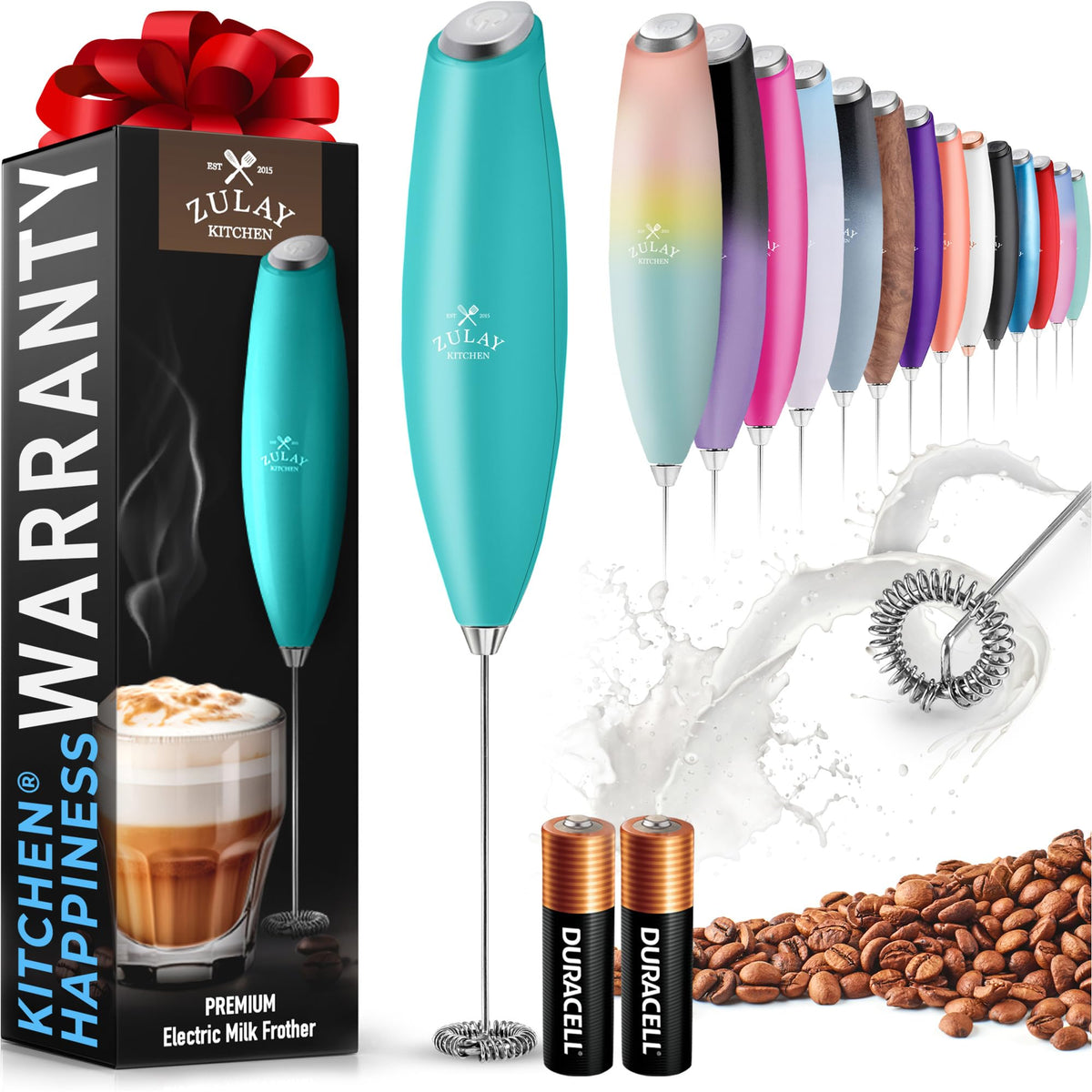 Zulay Powerful Milk Frother for Coffee with Upgraded Titanium Motor - Handheld Electric Whisk, Milk Foamer, Mini Mixer & Coffee Blender for Frappe, Latte, Matcha, No Stand - Pristine Teal