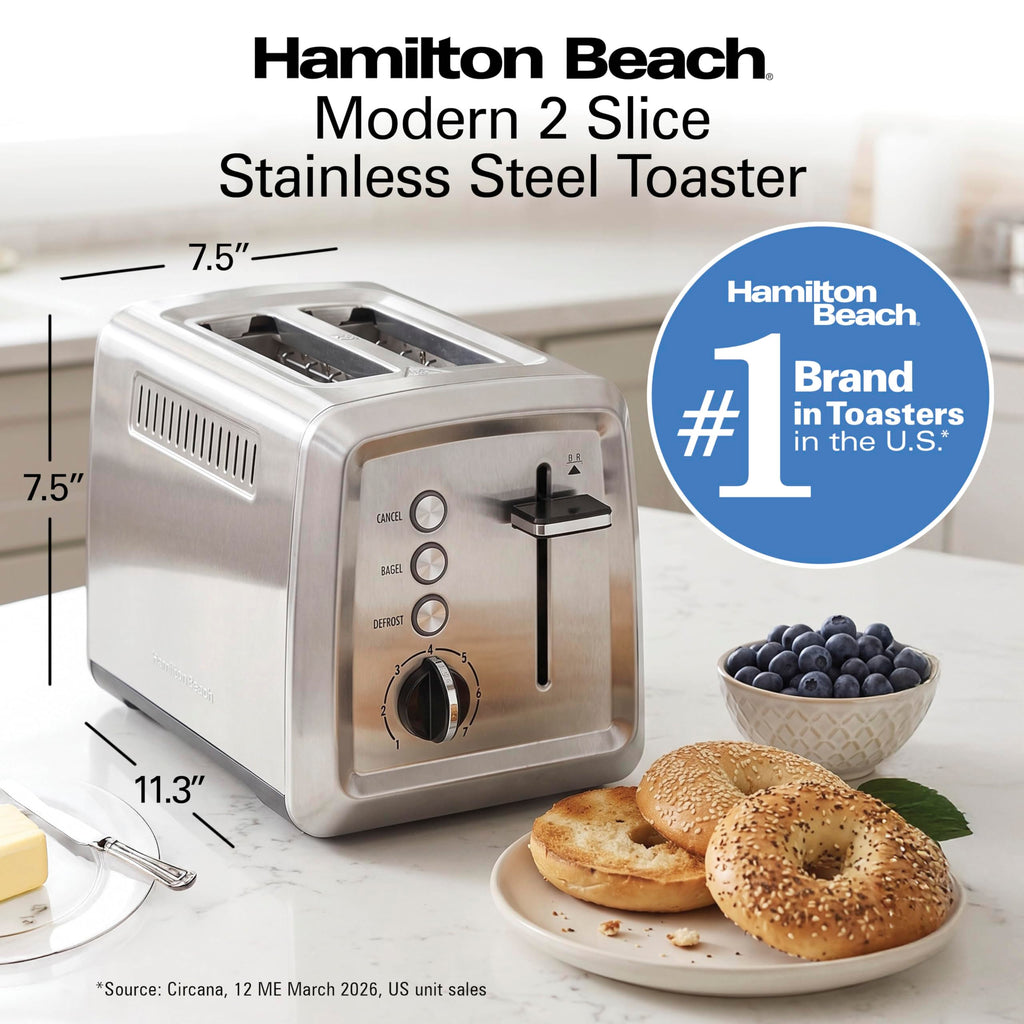Hamilton Beach 2 Slice Toaster with Extra-Wide Slots, Bagel Setting, Toast Boost, Slide-Out Crumb Tray, Auto-Shutoff & Cancel Button, Defrost Function, Stainless Steel (22794)