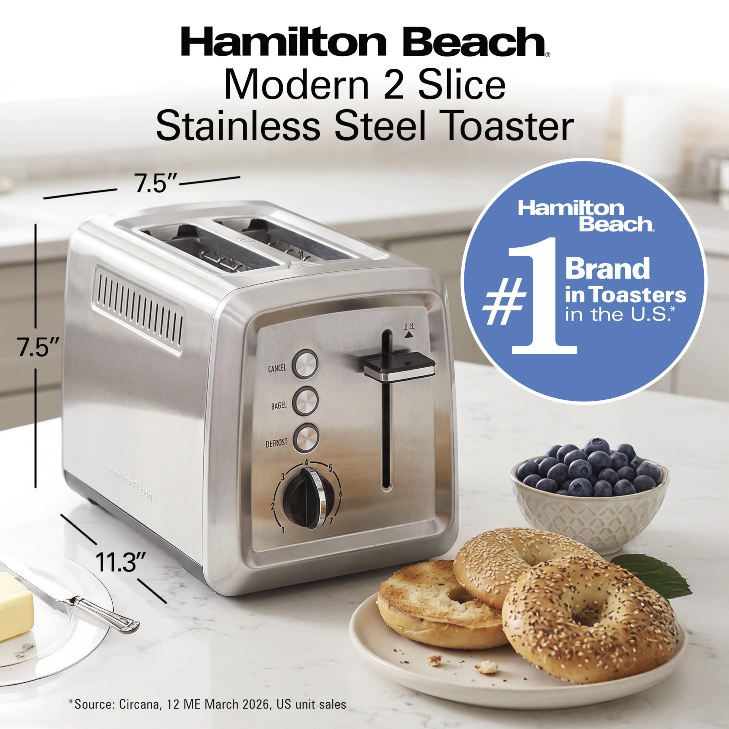 Hamilton Beach 2 Slice Toaster with Extra-Wide Slots, Bagel Setting, Toast Boost, Slide-Out Crumb Tray, Auto-Shutoff & Cancel Button, Defrost Function, Stainless Steel (22794)