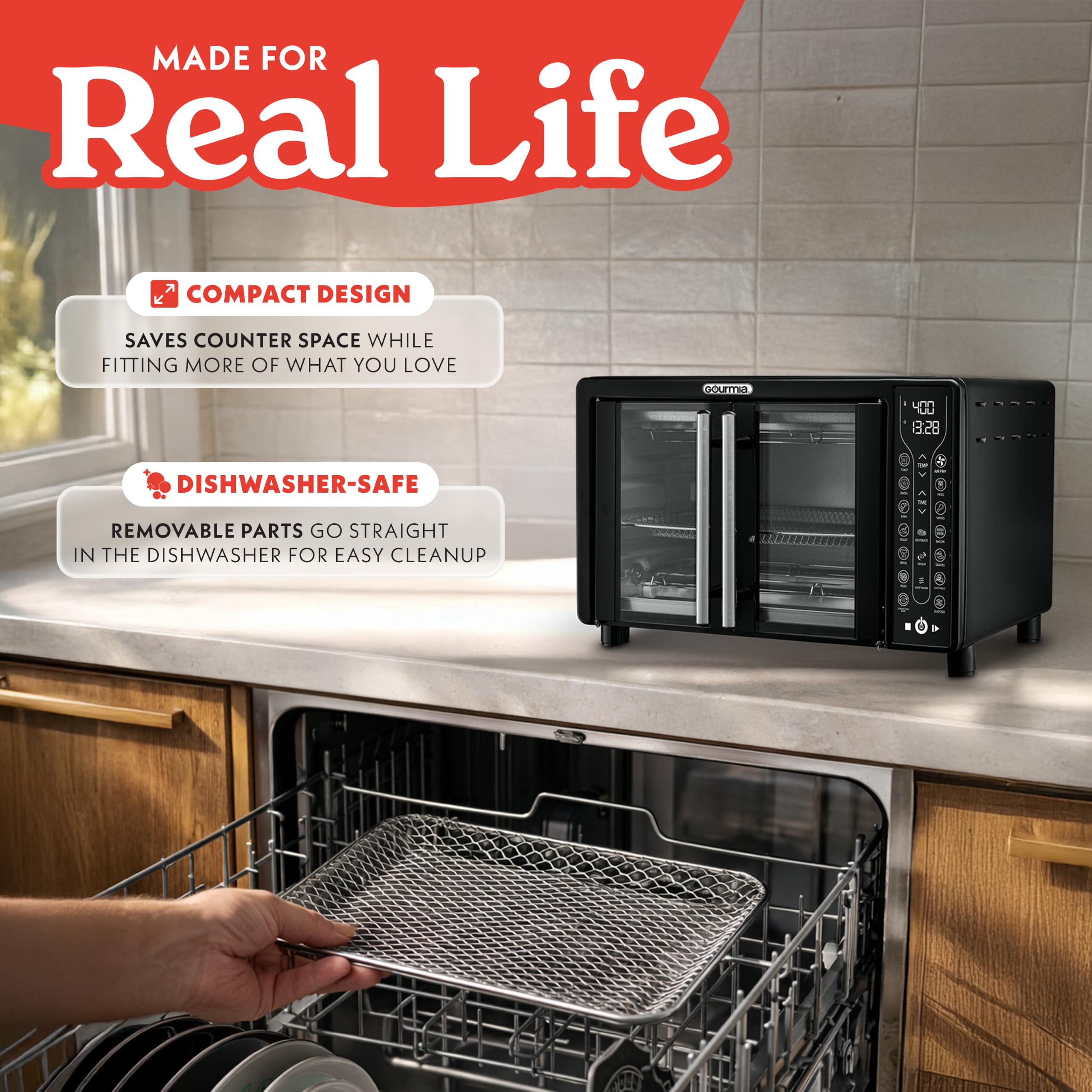 Gourmia French Door Air Fryer Toaster Oven – 6-Slice Capacity, FryForce 360°, Digital Display with 17 Cooking Presets, Black