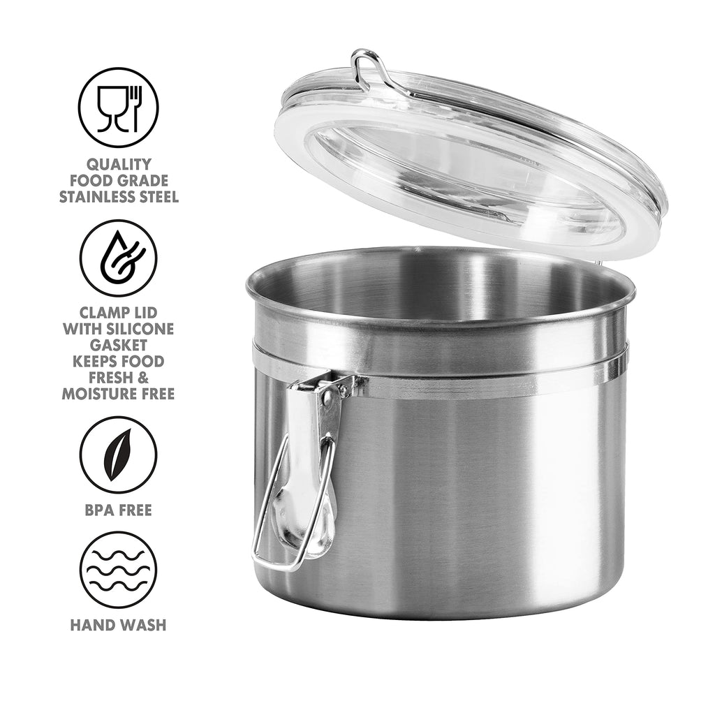 Oggi Stainless Steel Kitchen Canister 26 fl oz - Airtight Clamp Lid, Clear See-Thru Top - Ideal for Kitchen Storage, Food Storage, Pantry Storage. Size 5" x 3.5".