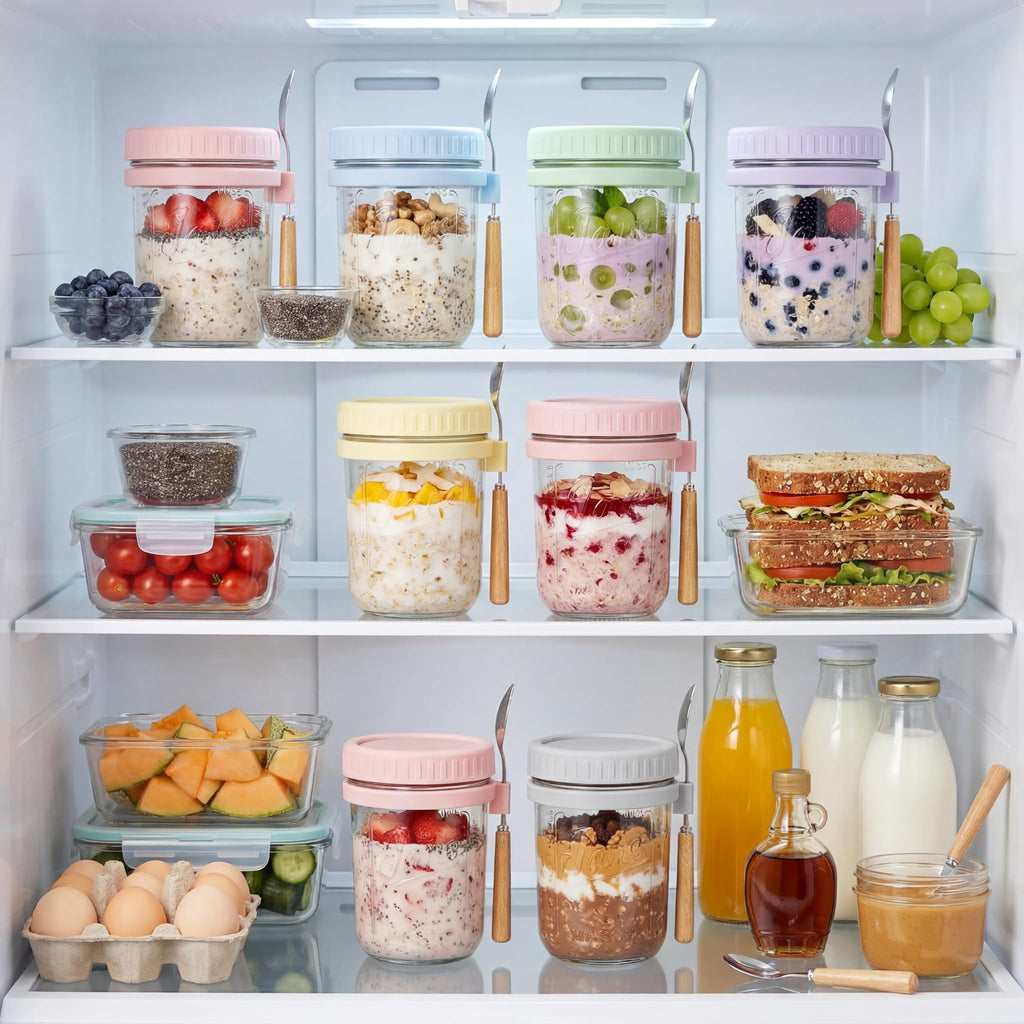 16oz Glass Overnight Oats Containers with Lids and Spoons, 4 Pack Pink