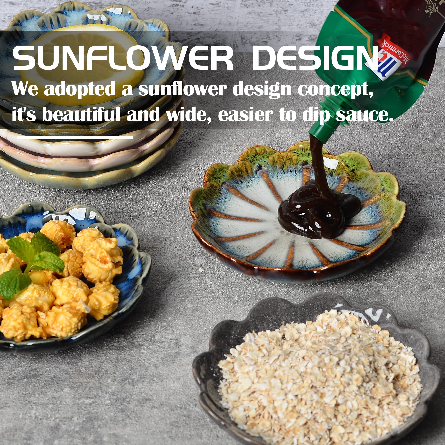 ZEBERBO Ceramic Dipping Bowls Set of 8, 3 oz Sauce Cups, Chrysanthemum Round Small Side Dish for Sushi, Tomato, Soy Sauce, Condiment Finger Bowls
