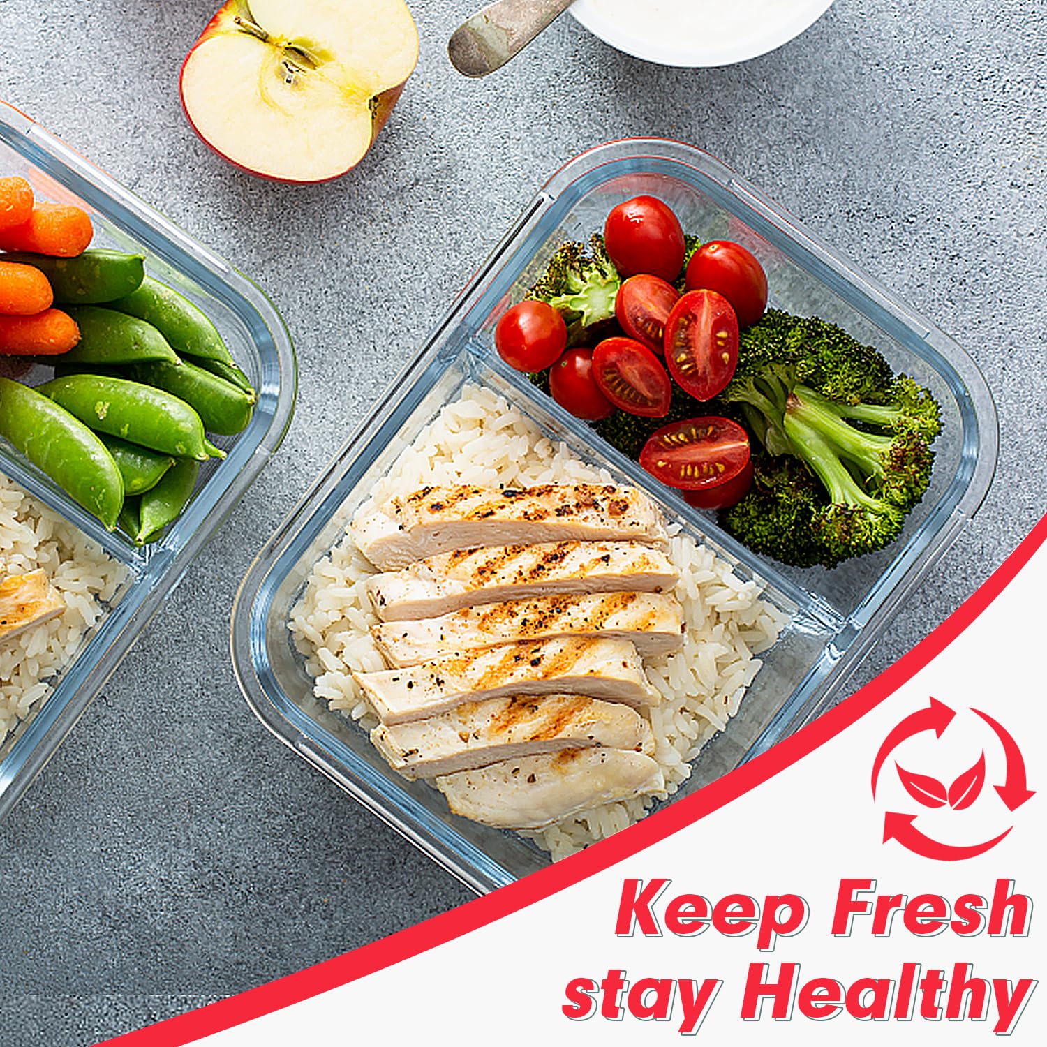 VERONES 10 PACK 30 OZ Glass Meal Prep Containers 2 Compartment Set, Red