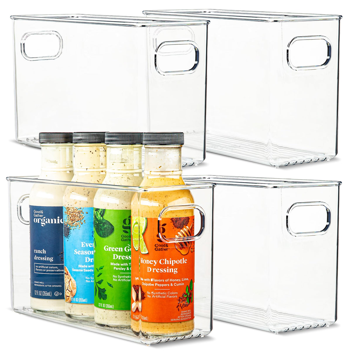 Plastic Food Storage 2 Pack Clear Container Bin with Handles for Organizing Kitchen, Pantry, Refrigerator, Freezer, Pantry, Cabinet, Closet, Bathroom. 16”x8”x5”