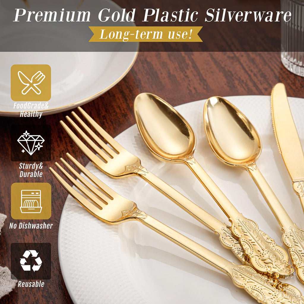 WDF 200 Pieces Gold Plastic Silverware Disposable - 50 Guests Heavy Duty Thanksgiving Gold Plastic Cutlery - Disposable Utensils Includes 100 Forks, 50 Spoons, 50 Knives Perfect for Party/Weeding