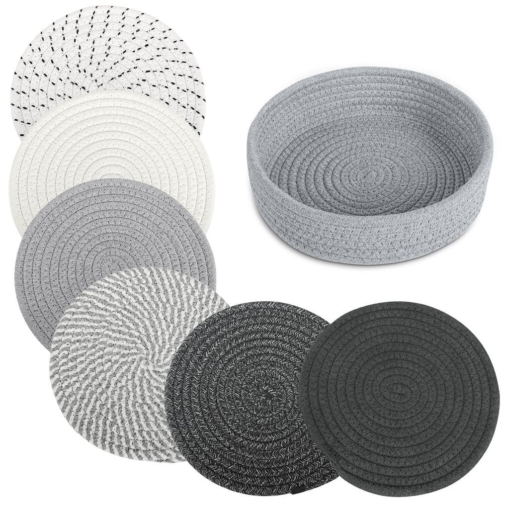 BUEDM 8 Inch Trivets for Hot Dishes, 6 Pcs Cotton Hot Pads with Basket