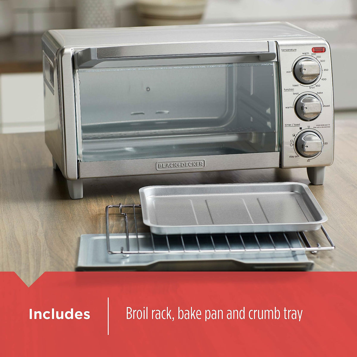 BLACK+DECKER 4-Slice Toaster Oven with Natural Convection, Stainless Steel, TO1760SS (TO1760SST-1)