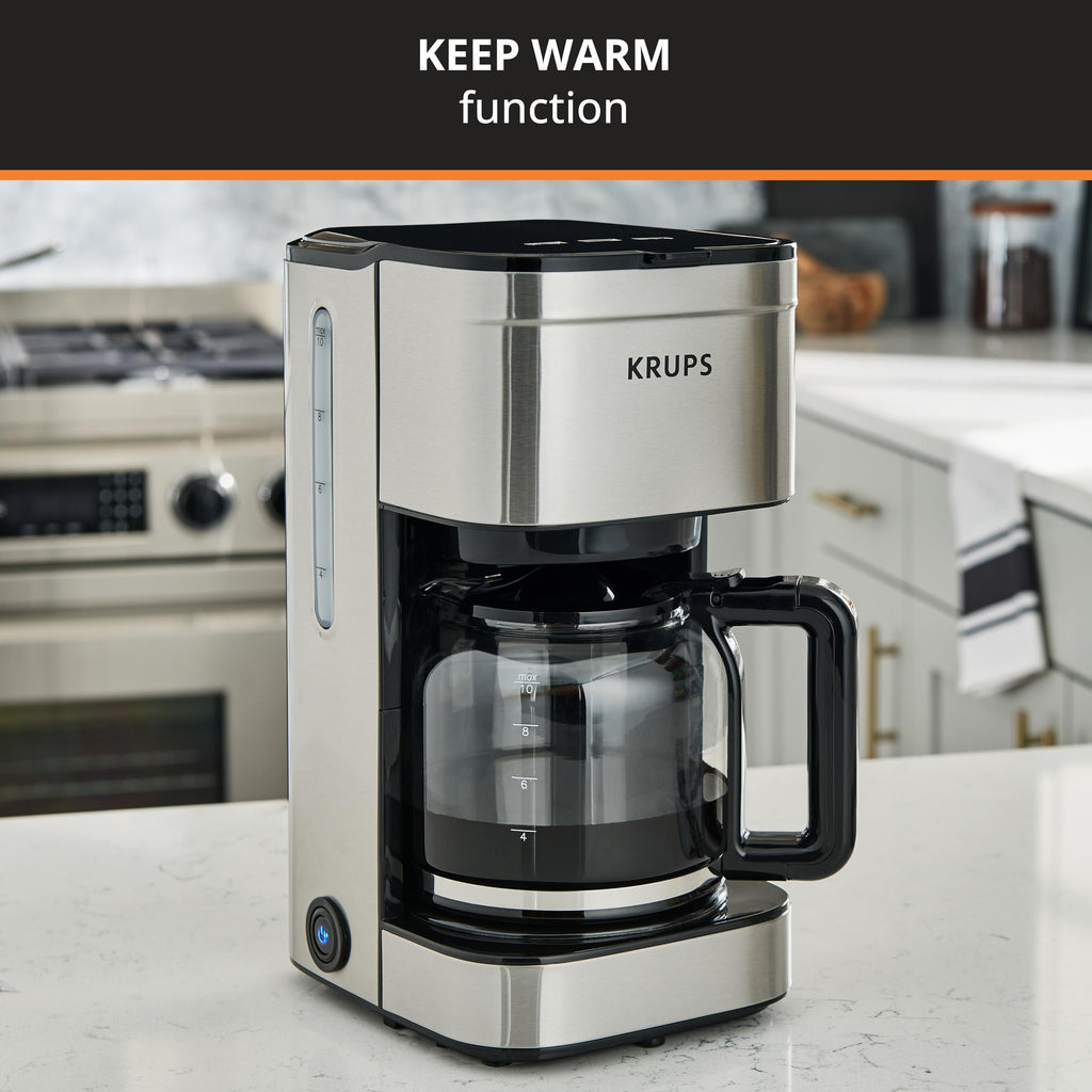 KRUPS Coffee Maker 10 Cups Simply Brew Stainless Steel Drip Coffee Maker, 900 Watts Coffee Filter, Drip Free, Dishwasher Safe Pot, Black & Silver