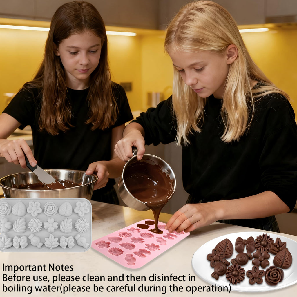 2PCS Silicone Flower Molds,Flower Chocolate Mold,Rose Leaf Tulip Daisy Bow Tie Candy Molds Silicone Gummy Jello Ice Cube Baking Soap Pudding Cookie Molds for Desserts Making,Cupcake Toppers,Cake Decor