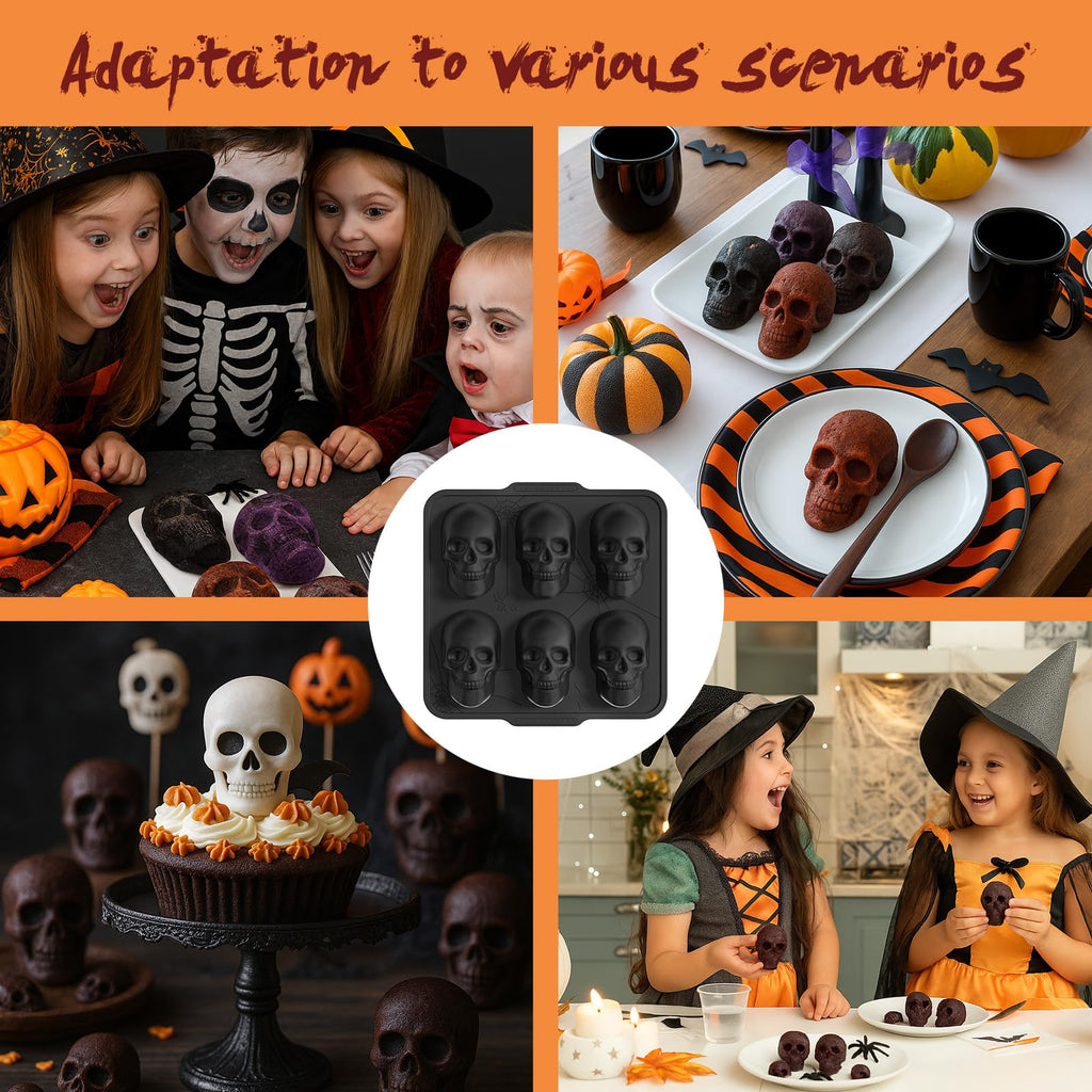 PinAmigos Silicone Skull Cake Pan with Metal Framed - 6 Cavity Skull Baking Pan & Silicone Mold for Halloween Parties & Baking Fun | Food-Safe Non-Stick Ice Cube Tray, Cupcake Maker