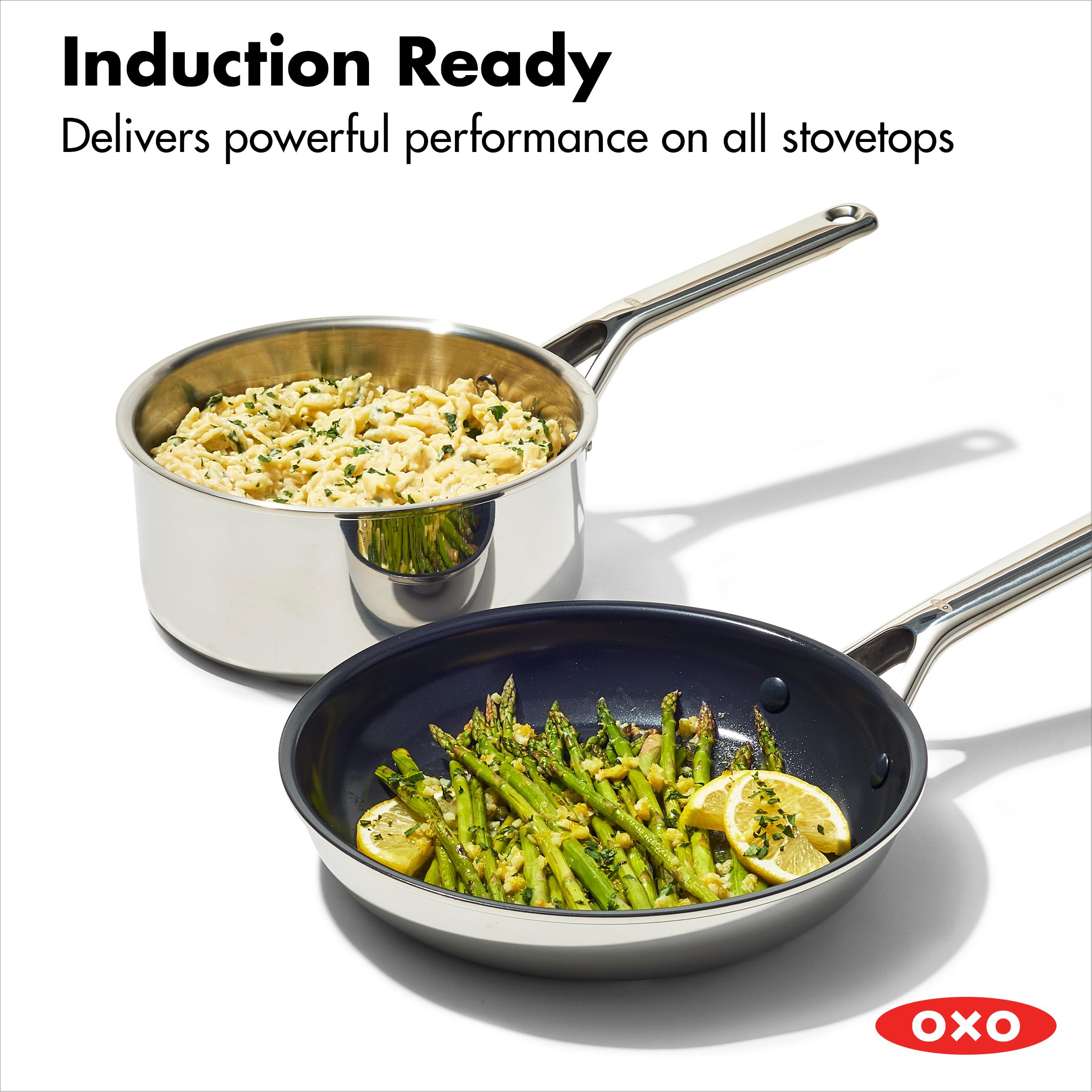 OXO 13 Piece Stainless Steel Cookware Set, Tri-Ply Multiclad Pots & Pans, PFAS-Free Ceramic Nonstick Coated Frying Pans, Induction Compatible, Dishwasher & Oven Safe, Sauce, Stock, Saute, Silver