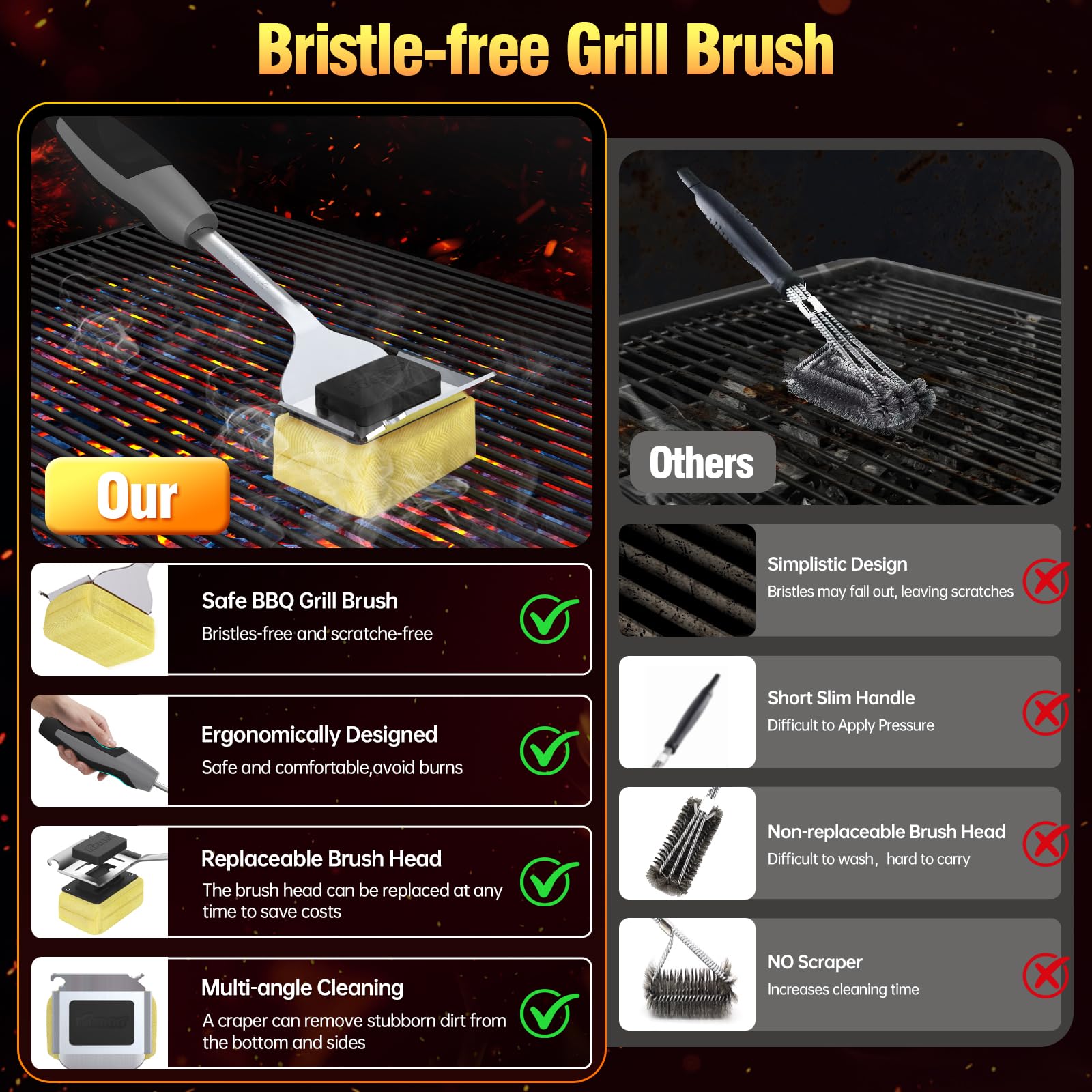 Grill Brush Bristle Free for Outdoor Grill, Steam Grill Cleaning Brush Replaceable BBQ Cleaner Brush Head,Extended Handle, Safe Grill Brush with Scraper for Cast Iron Stainless-Steel Grates,Black