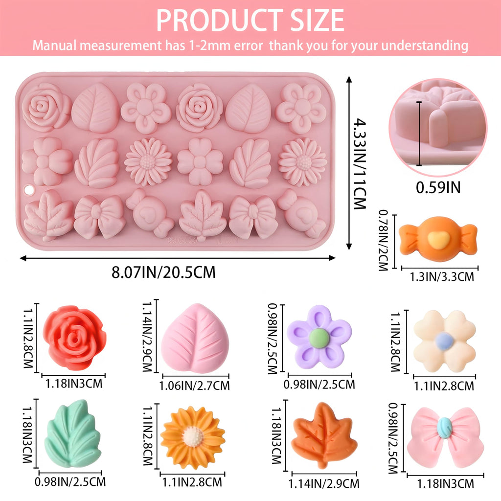 2PCS Silicone Flower Molds,Flower Chocolate Mold,Rose Leaf Tulip Daisy Bow Tie Candy Molds Silicone Gummy Jello Ice Cube Baking Soap Pudding Cookie Molds for Desserts Making,Cupcake Toppers,Cake Decor