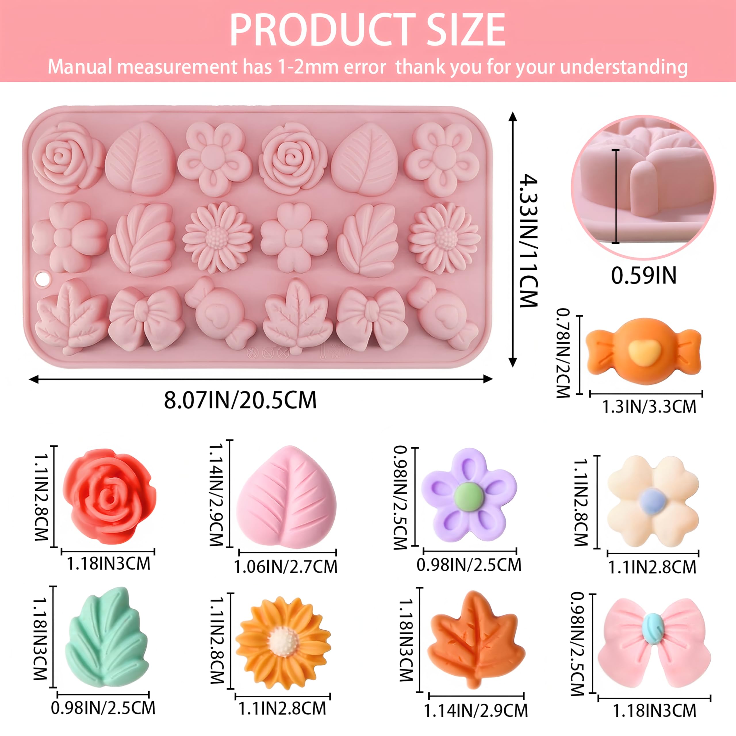 2PCS Silicone Flower Molds,Flower Chocolate Mold,Rose Leaf Tulip Daisy Bow Tie Candy Molds Silicone Gummy Jello Ice Cube Baking Soap Pudding Cookie Molds for Desserts Making,Cupcake Toppers,Cake Decor