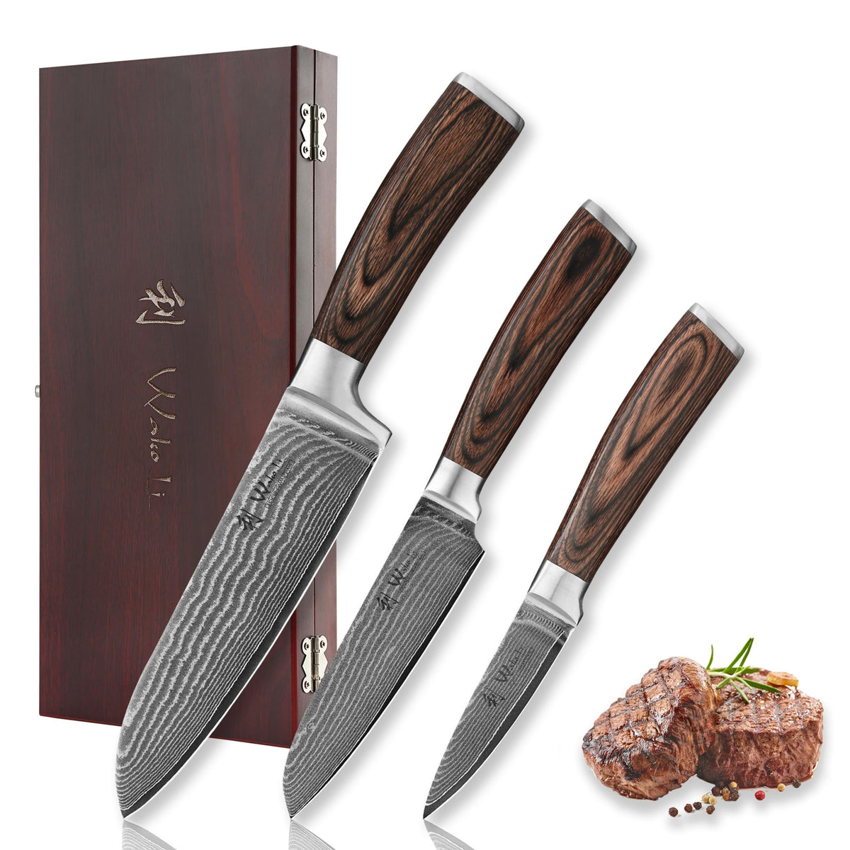 Wakoli EDIB 4-Piece Damascus Knife Set, VG10 Core Damascus Stainless Steel