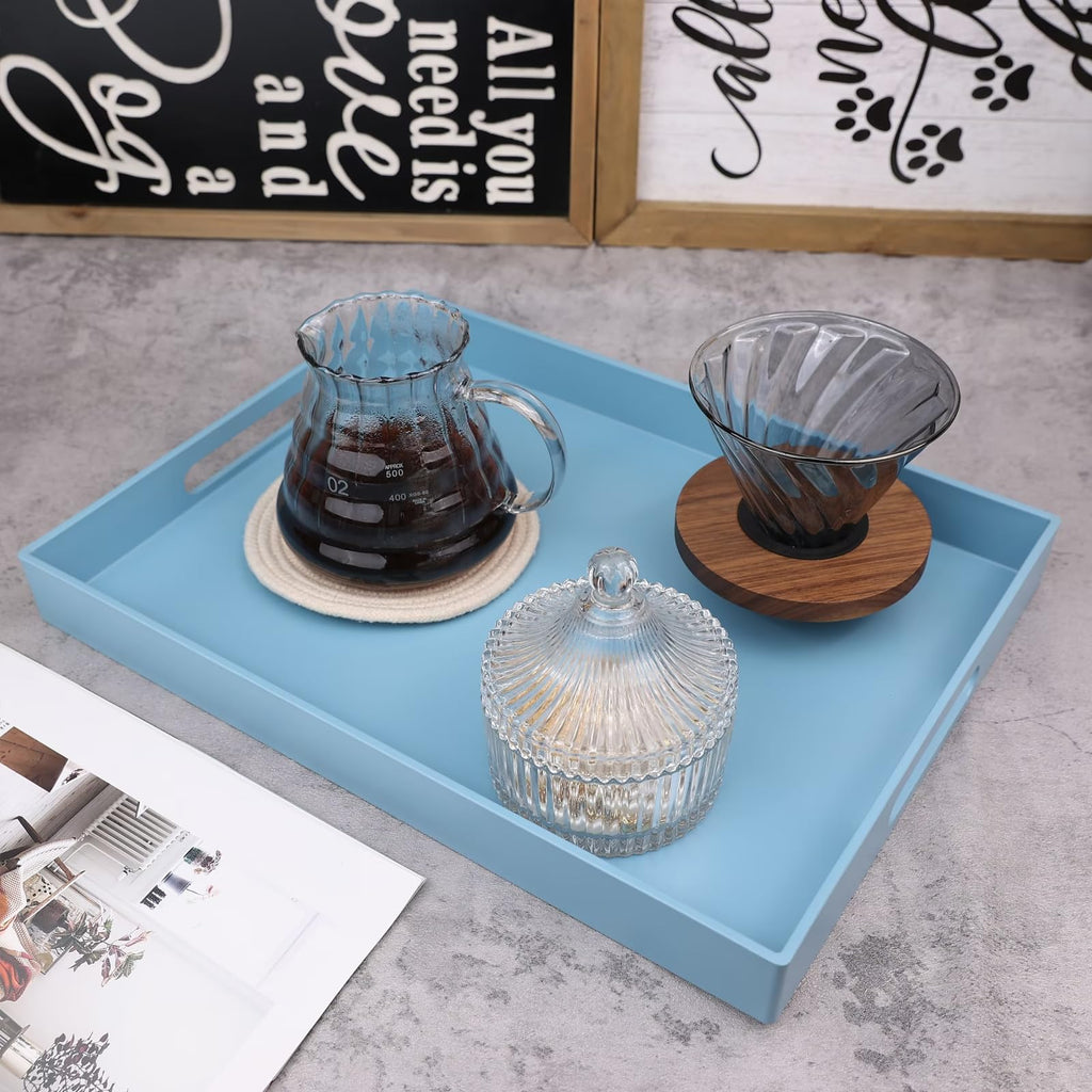 SforGUVA Blue Serving Tray for Coffee Table, Rectangular Plastic Decorative Tray with Handles for Entertaining, Outdoor Patio, Living Room, Ottoman, Bathroom Counter, 11.8”*15.7”*1.6”
