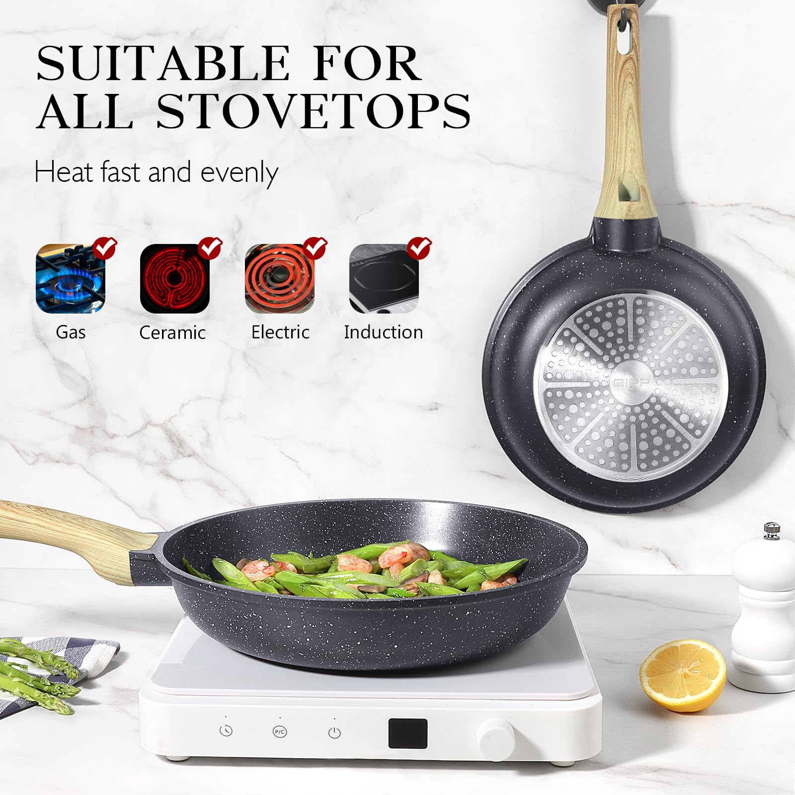 GiPP Nonstick Frying Pan Skillet with Lid - 11" Grey Granite Non Stick Pans, Omelette Pan with Heat-Resistant Handle, Compatible with All Stovetops, PFOA Free