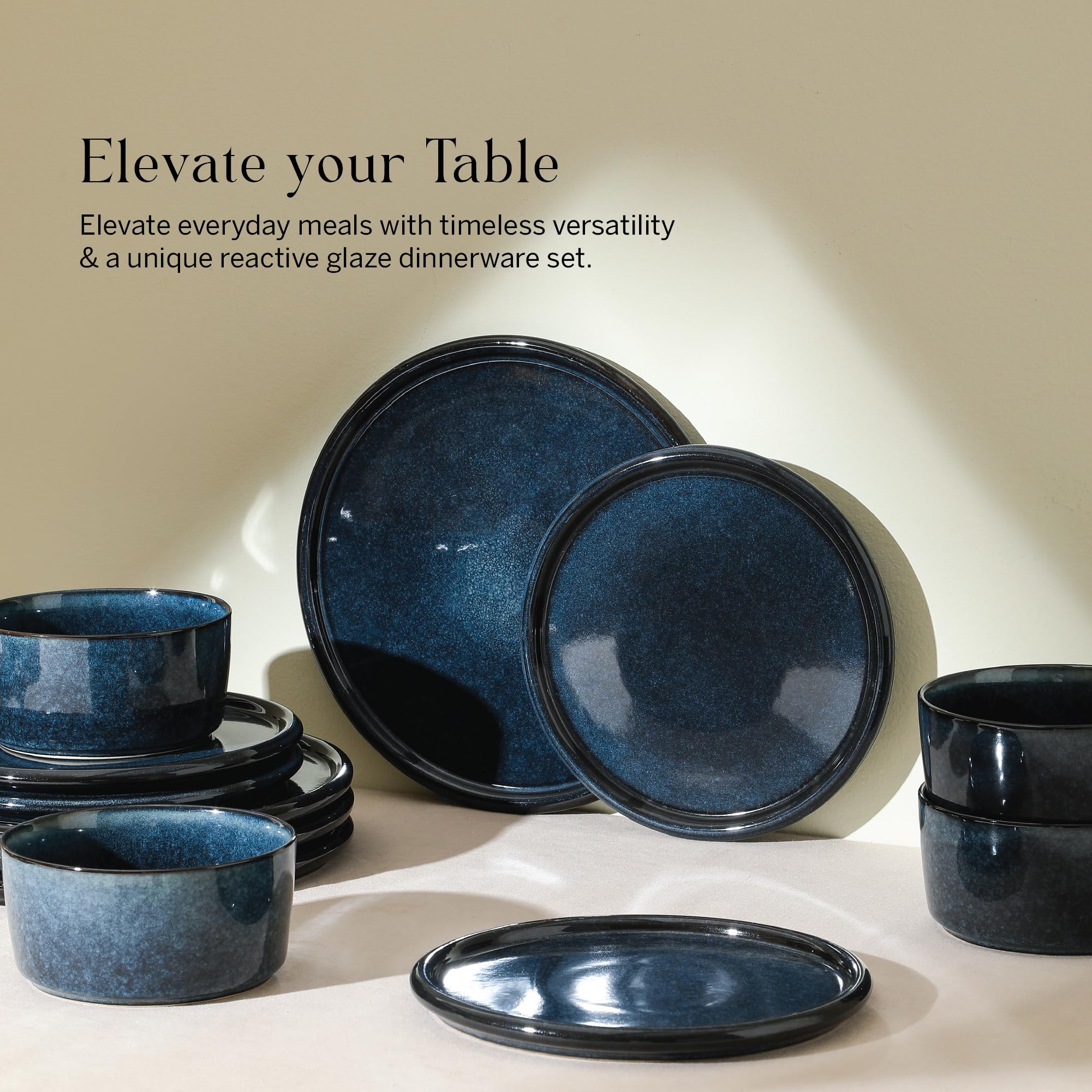 Stone Lain Eden 24-Piece Dinnerware Set Stoneware, Plates and Bowls Set, Dishwasher and Microwave Safe Dish, Dish Set for 8, Dark Blue