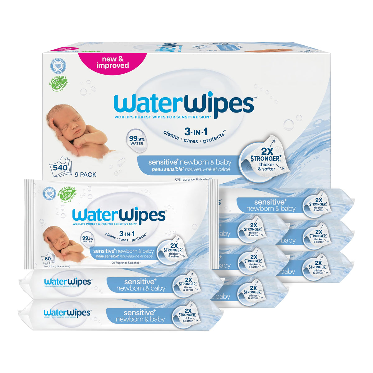 WaterWipes Sensitive+ Newborn & Baby Wipes, 3-In-1 Cleans, Cares, Protects, 99.9% Water, Unscented & Hypoallergenic, 1080 Count (18 Packs)