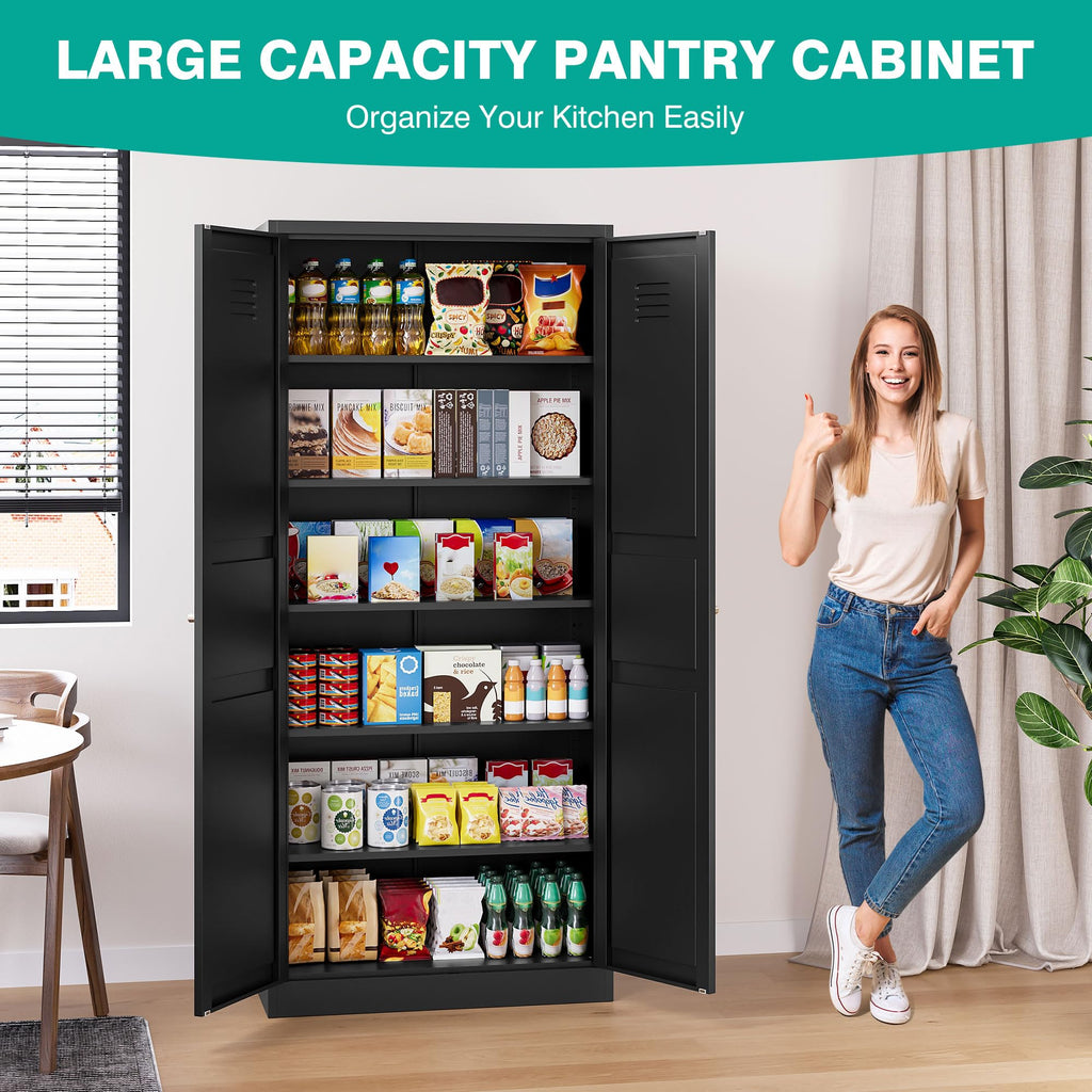 SISESOL Black Storage Cabinet,71" Tall Pantry Cabinet,Kitchen Pantry Storage Cabinets with 2 Doors and 5 Shelves,Wide Deep Metal Food Cupboard for Home,Kitchen,Dining/Living Room