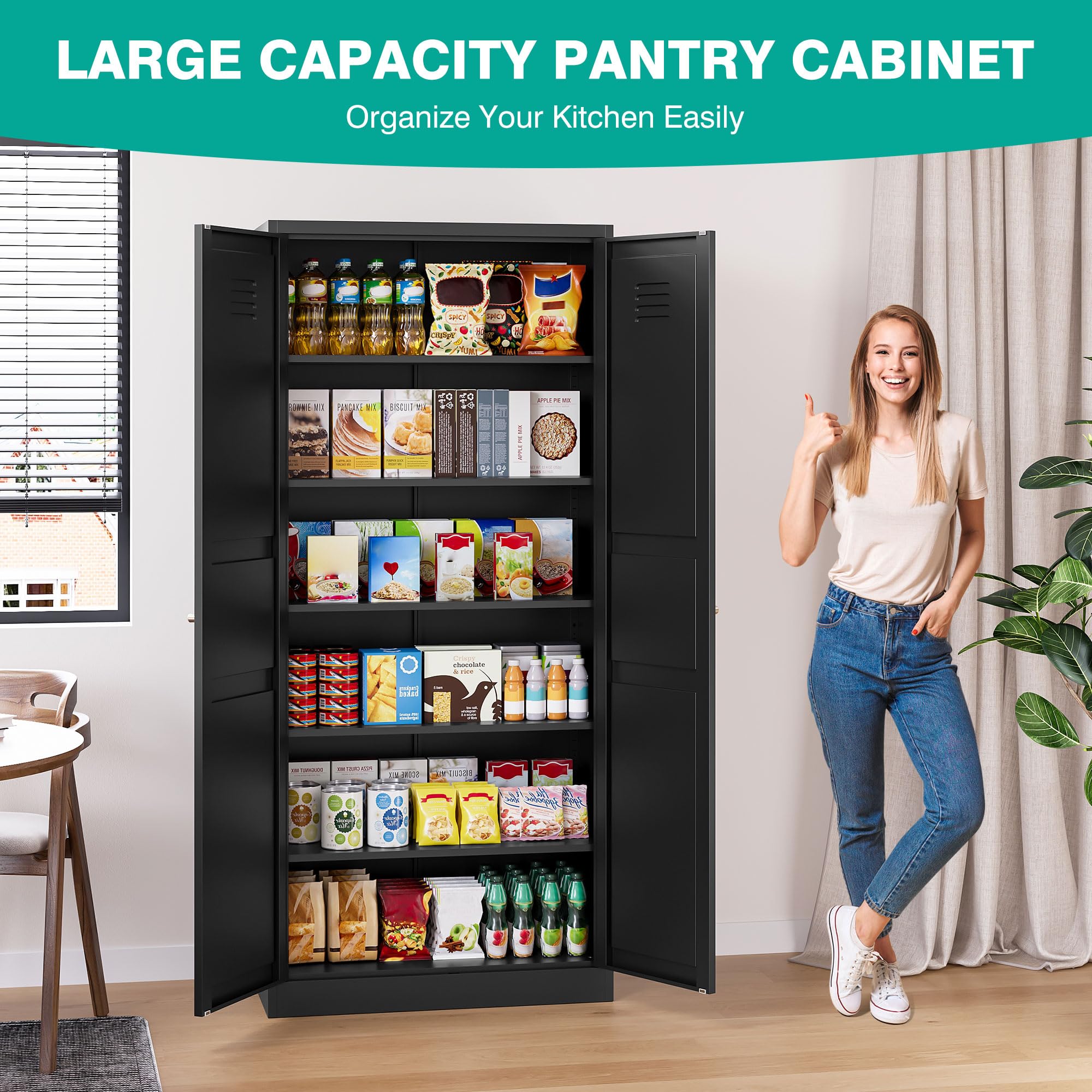 SISESOL Black Storage Cabinet,71" Tall Pantry Cabinet,Kitchen Pantry Storage Cabinets with 2 Doors and 5 Shelves,Wide Deep Metal Food Cupboard for Home,Kitchen,Dining/Living Room