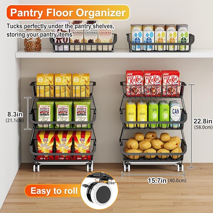 Miyawell 3-Tier Rolling Pantry Cart with Wheels, Stackable Wire Storage Floor Organizer for Kitchen Pantry Snack Shelves, Fruit Basket Stand, Vegetable Storage Rack for Food Snacks Onion Potato
