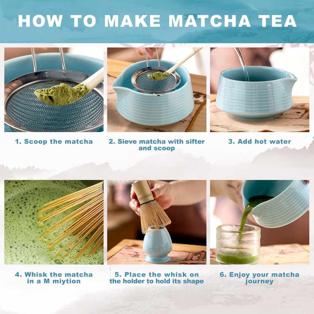 8-Piece Traditional Matcha Tea Set with Spouted Ceramic Bowl, Bamboo Whisk and Holder, Complete Japanese Matcha Kit for Home Latte Preparation, Includes Sifter and Scoop Rest, Premium Gift Box(Blue)