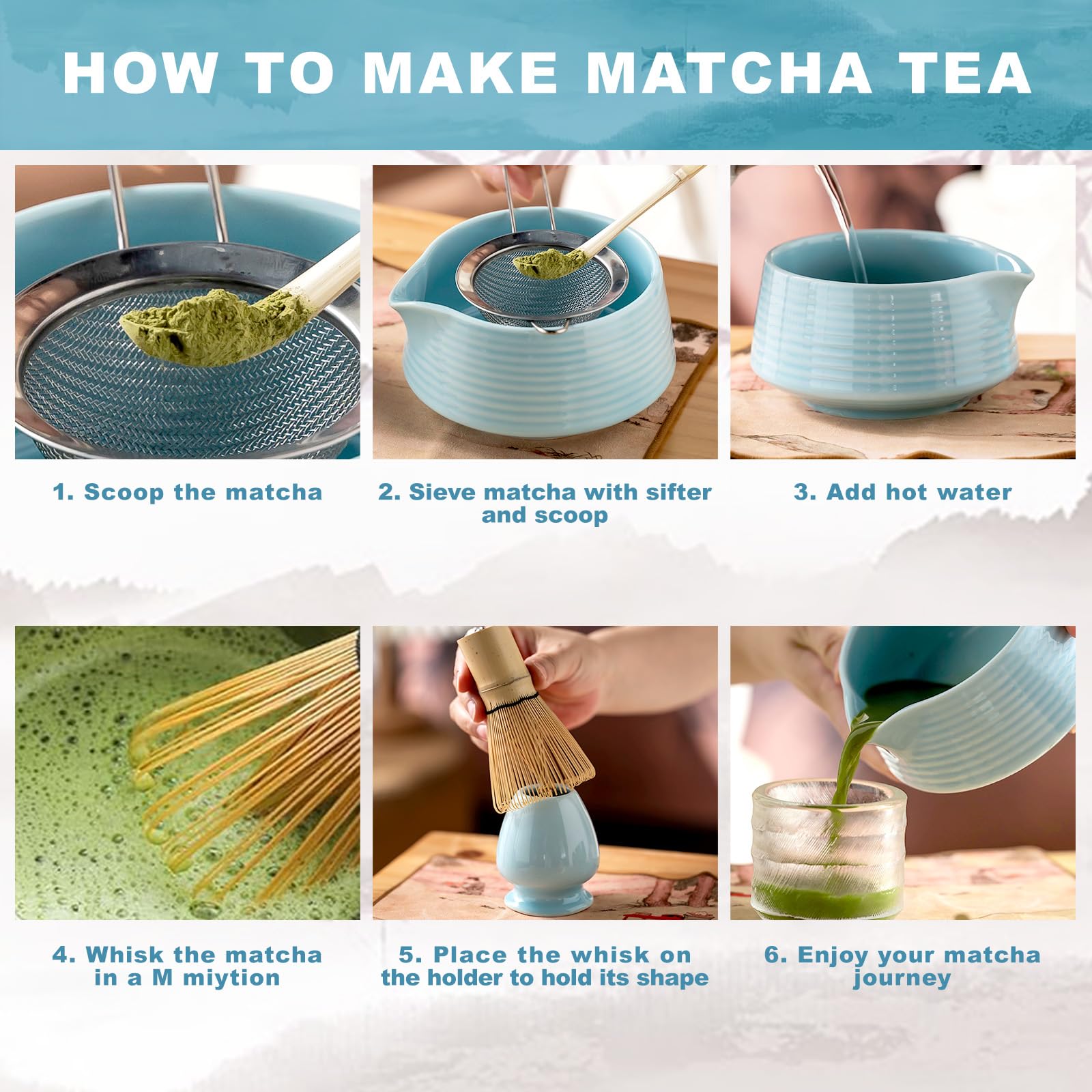 8-Piece Traditional Matcha Tea Set with Spouted Ceramic Bowl, Bamboo Whisk and Holder, Complete Japanese Matcha Kit for Home Latte Preparation, Includes Sifter and Scoop Rest, Premium Gift Box(Blue)