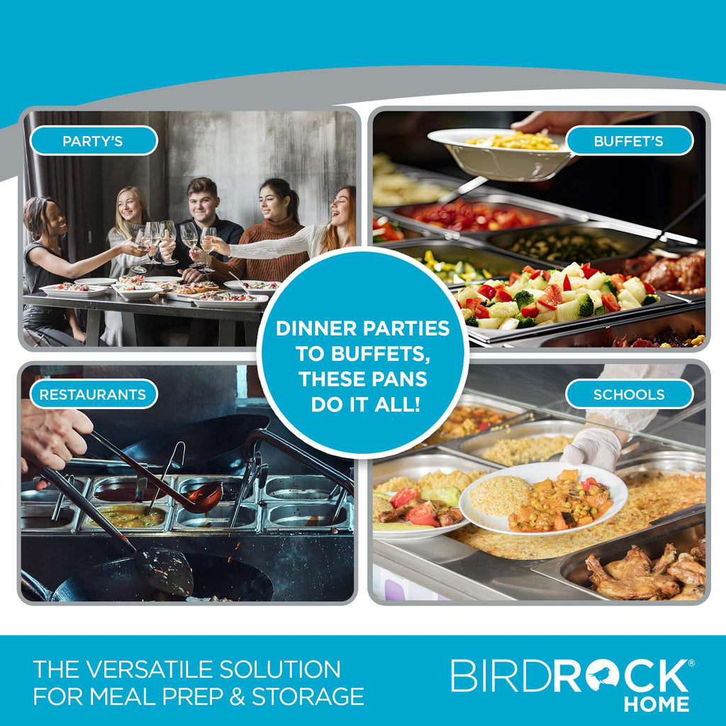 BIRDROCK HOME Stainless Steel Steam Table Pan - Hotel, Restaurant & Catering Supplies - 24 Gauge Steel, 2 qt Capacity - Meal Prep, Cooking, & Food Storage Container - 2.5" Depth, 1/4-Size (6 Pack)
