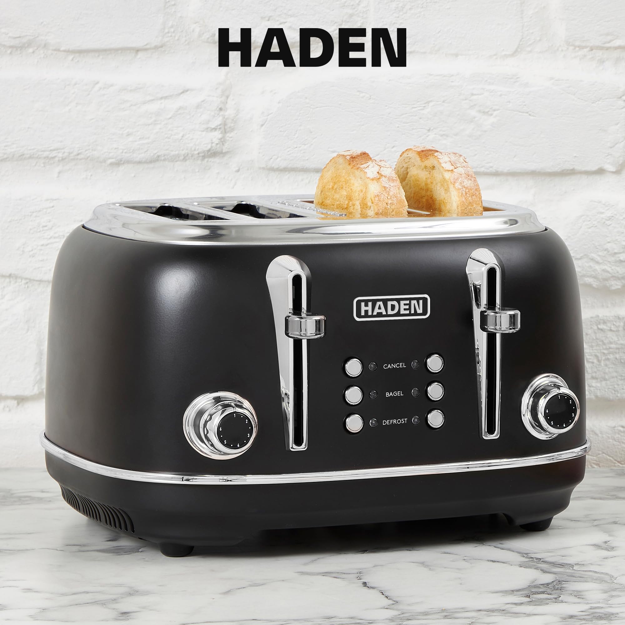 HADEN Heritage 4 Slice Wide Slot Stainless Steel Toaster Bundled with 12 Cup Programmable Drip Coffee Maker Coffee Machine, Black & Chrome