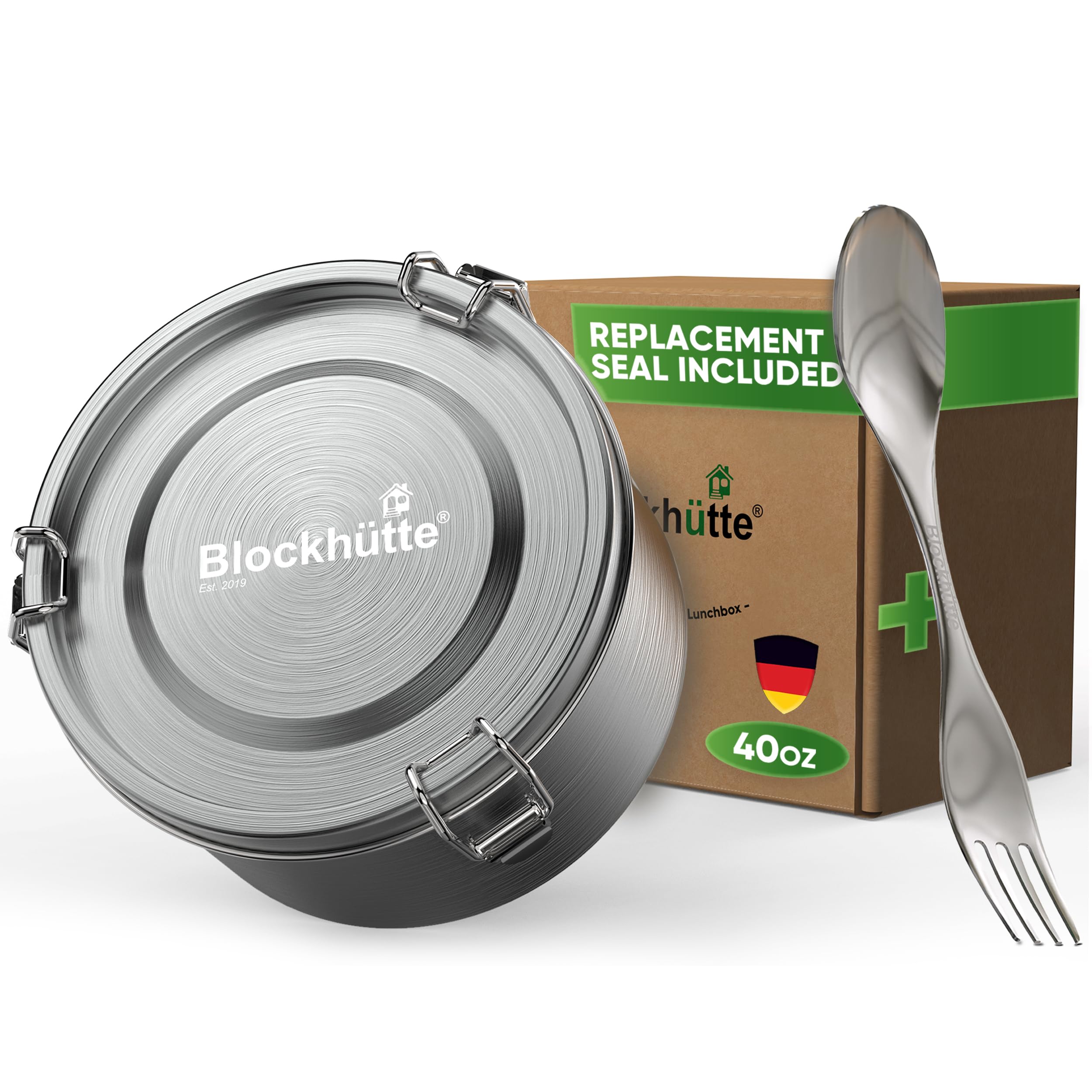 Blockhütte Metal Lunch Container 40oz with Spork, Bento Box Adult Metal BPA Free, Stainless Lunch Box for Work Dishwasher Safe, Stainless Steel Food Storage Containers Leakproof