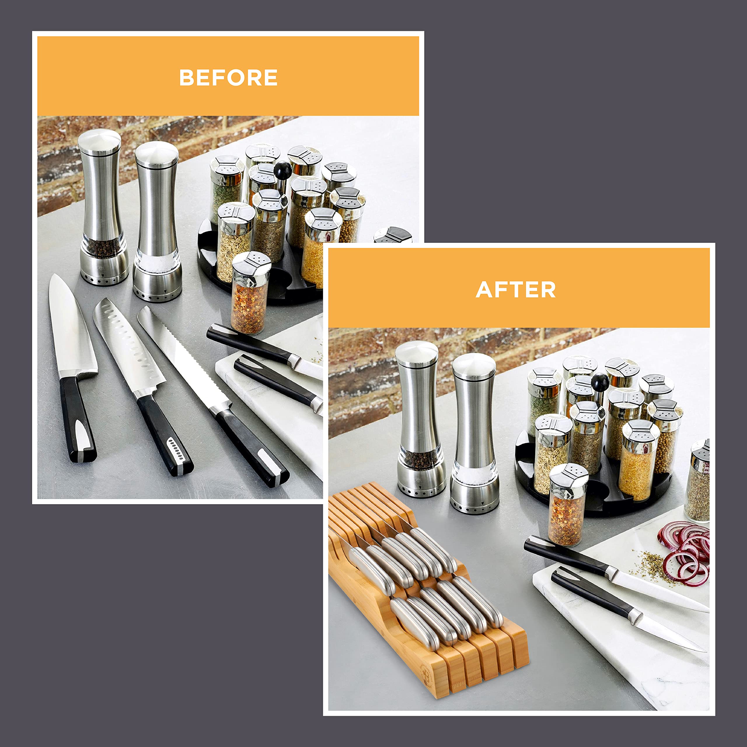 Bambüsi Knife Drawer Organizer 16 Slot In-Drawer Knife Block Holder, Bamboo