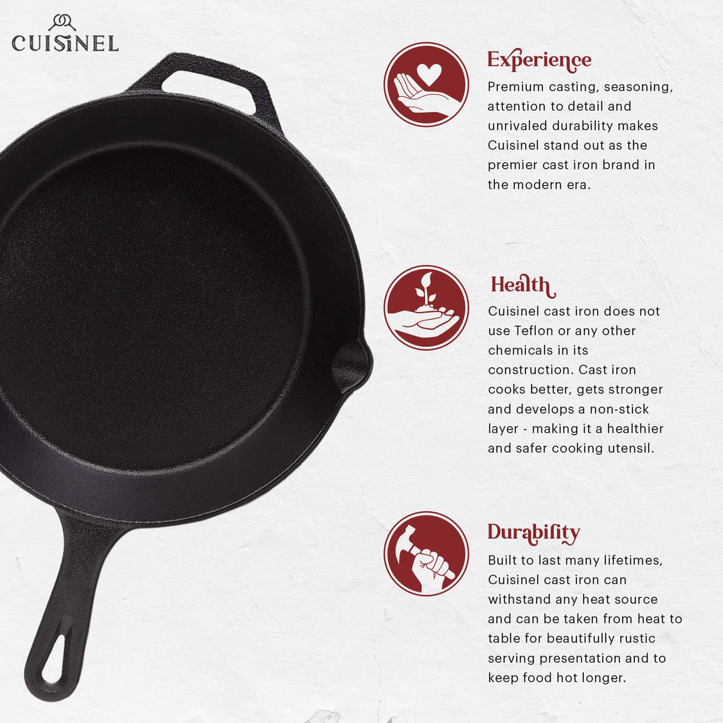 Cuisinel Cast Iron Skillet Set - 8" + 10" + 12"-Inch Pre-Seasoned Frying Pans + Silicone Handle Grip Covers - Indoor/Outdoor, Oven, Grill, Stove, BBQ, Fire, Induction Safe Kitchen and Camping Cookware