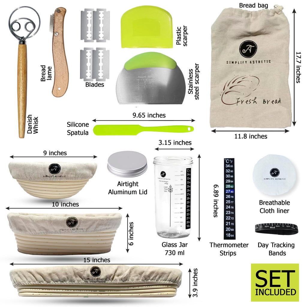 Premium Banneton Bread Proofing Basket - A Complete Sourdough Bread Baking Kit - Bread Baking Supplies - Sourdough Starter Jar Kit