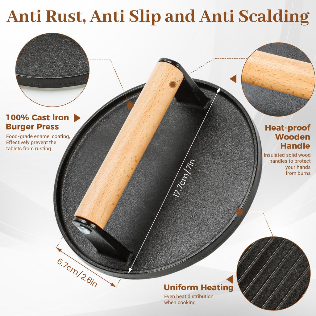Eoufore 2 lb 7 Inch Cast Iron Burger Press Kit with Wide Spatula