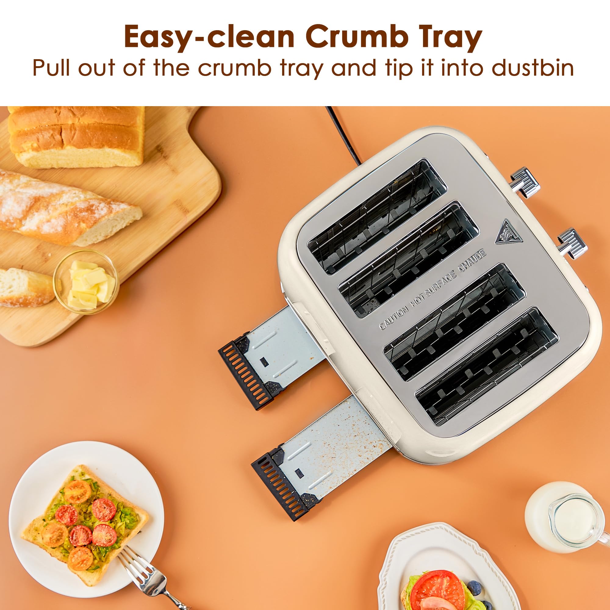 Roter Mond Toaster 4 Slice Retro Stainless Steel with Extra Wide Slots Bagel, Defrost, Reheat Function, Dual Independent Control Panel, Removable Crumb Tray, 6 Browning Levels, Cream White