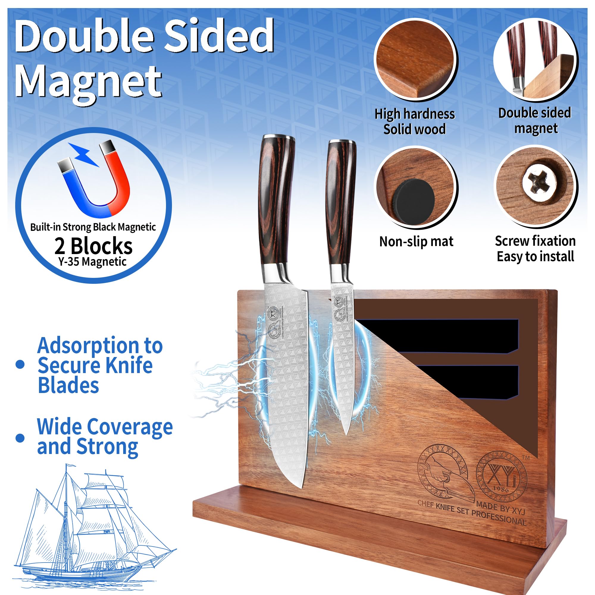 XYJ Magnetic Knife Block, Acacia Wood Knife Holder with Strong Magnets